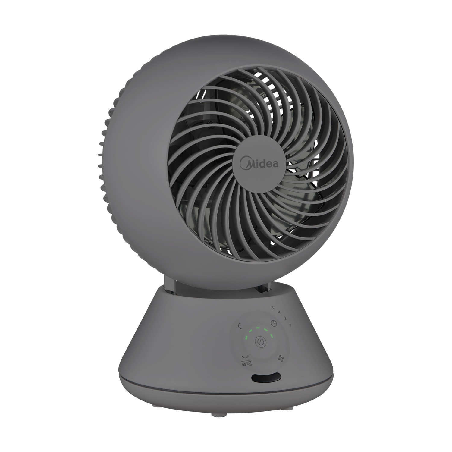 Un ventilatore da tavolo Midea grigio con testa rotonda e base conica.