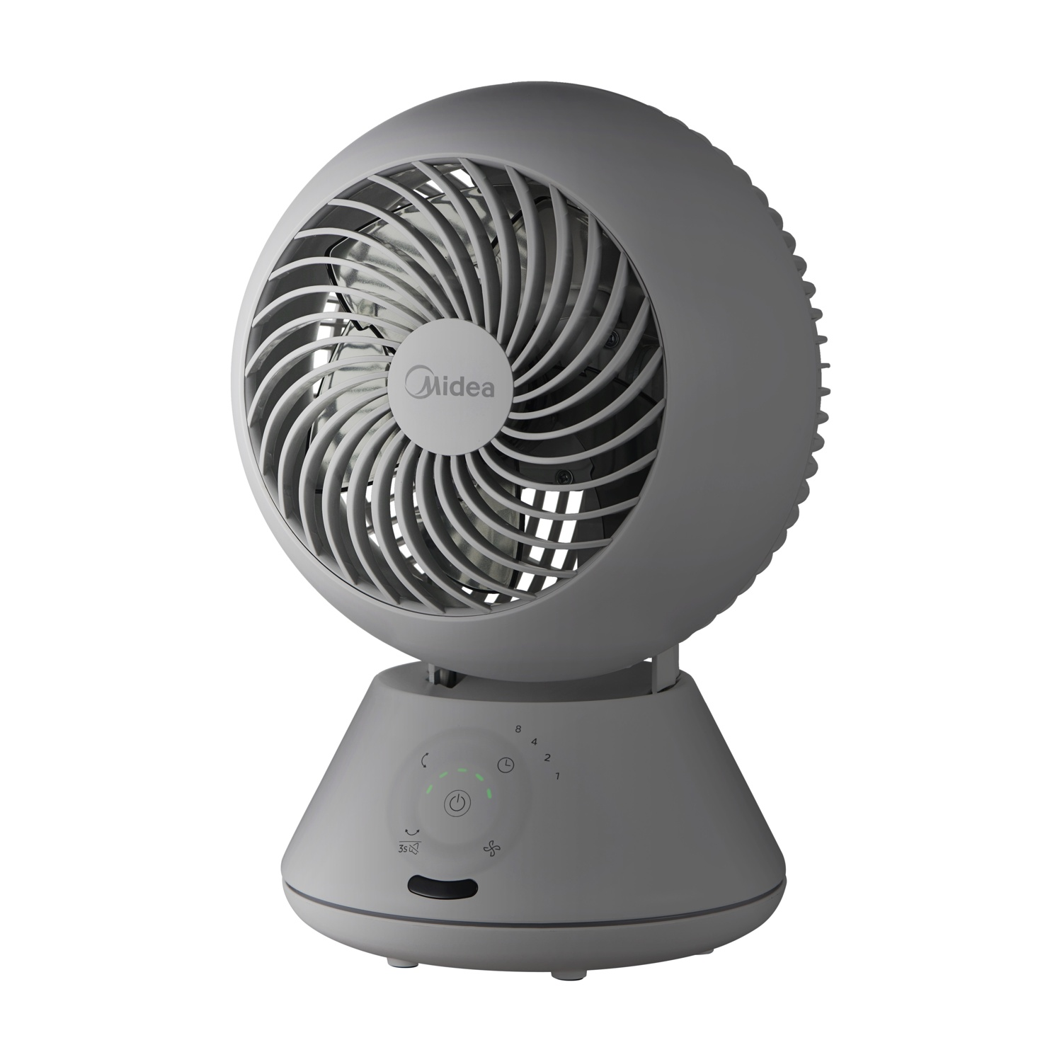 Un ventilatore da scrivania grigio con testa rotonda e base conica.