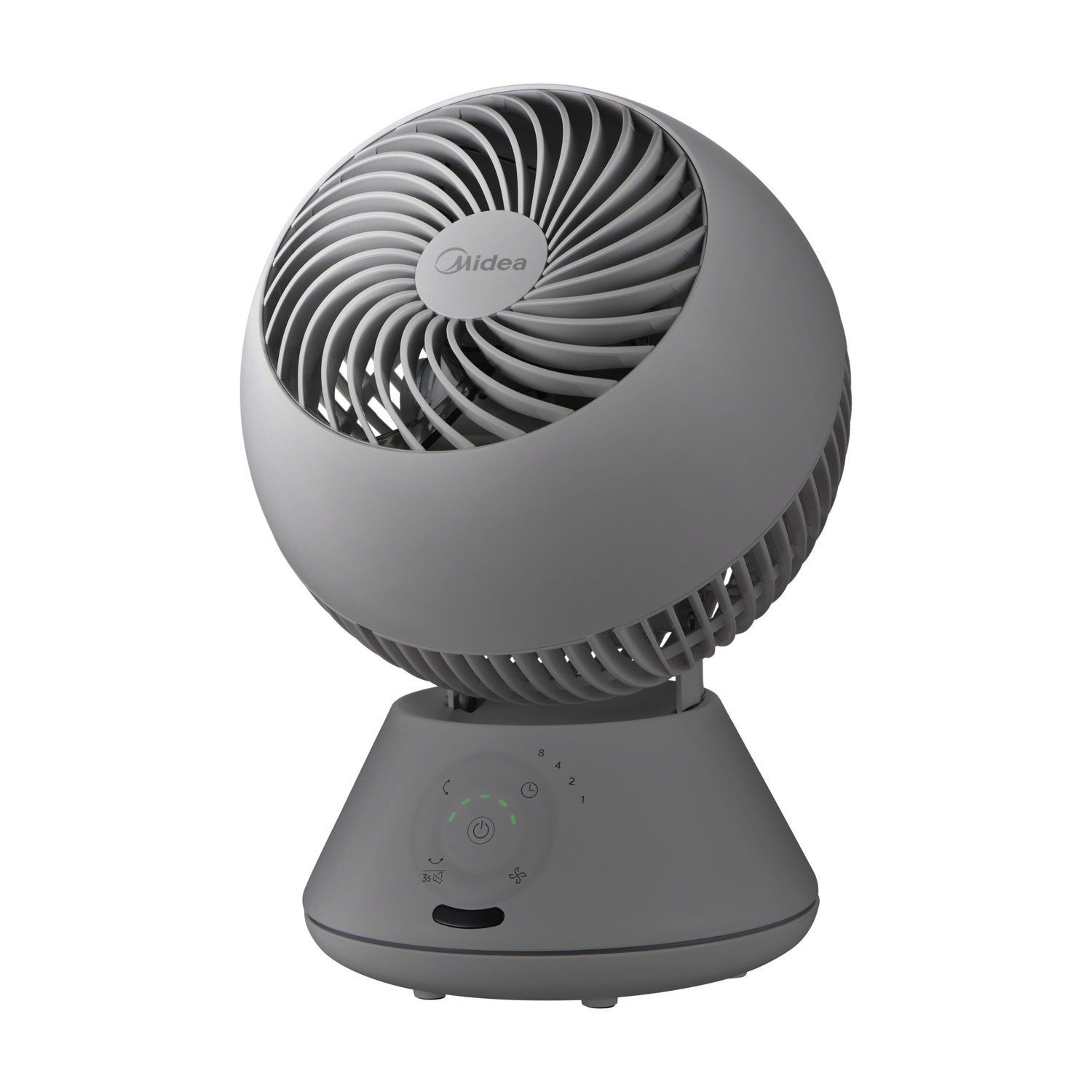 Ventilatore da tavolo grigio con logo Midea sul davanti. Comandi sulla base.