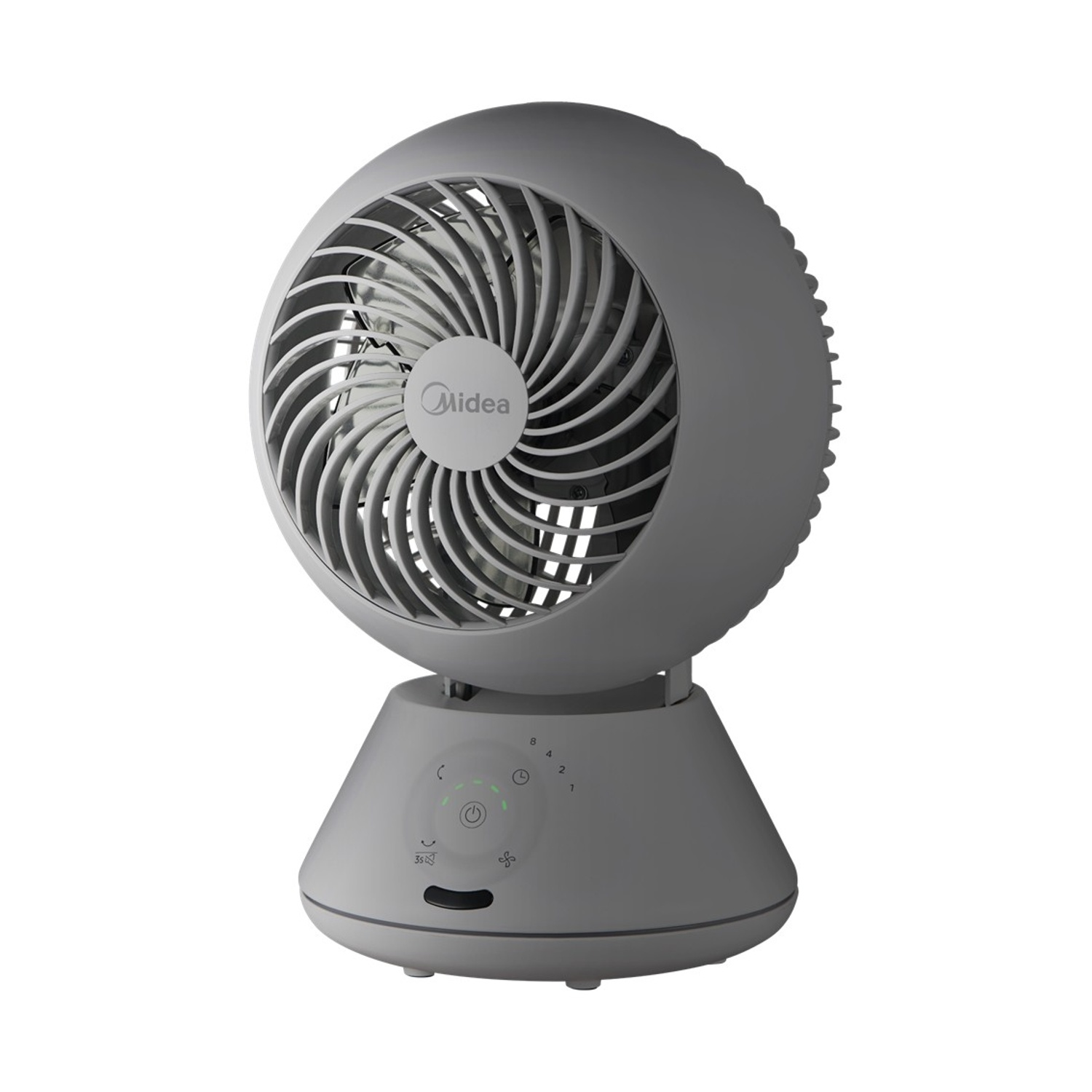 Un ventilatore da tavolo grigio con logo Midea su sfondo bianco.