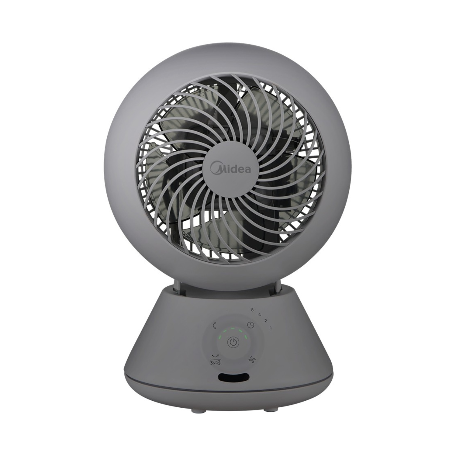 Un ventilatore da scrivania Midea grigio con testa rotonda e base conica.
