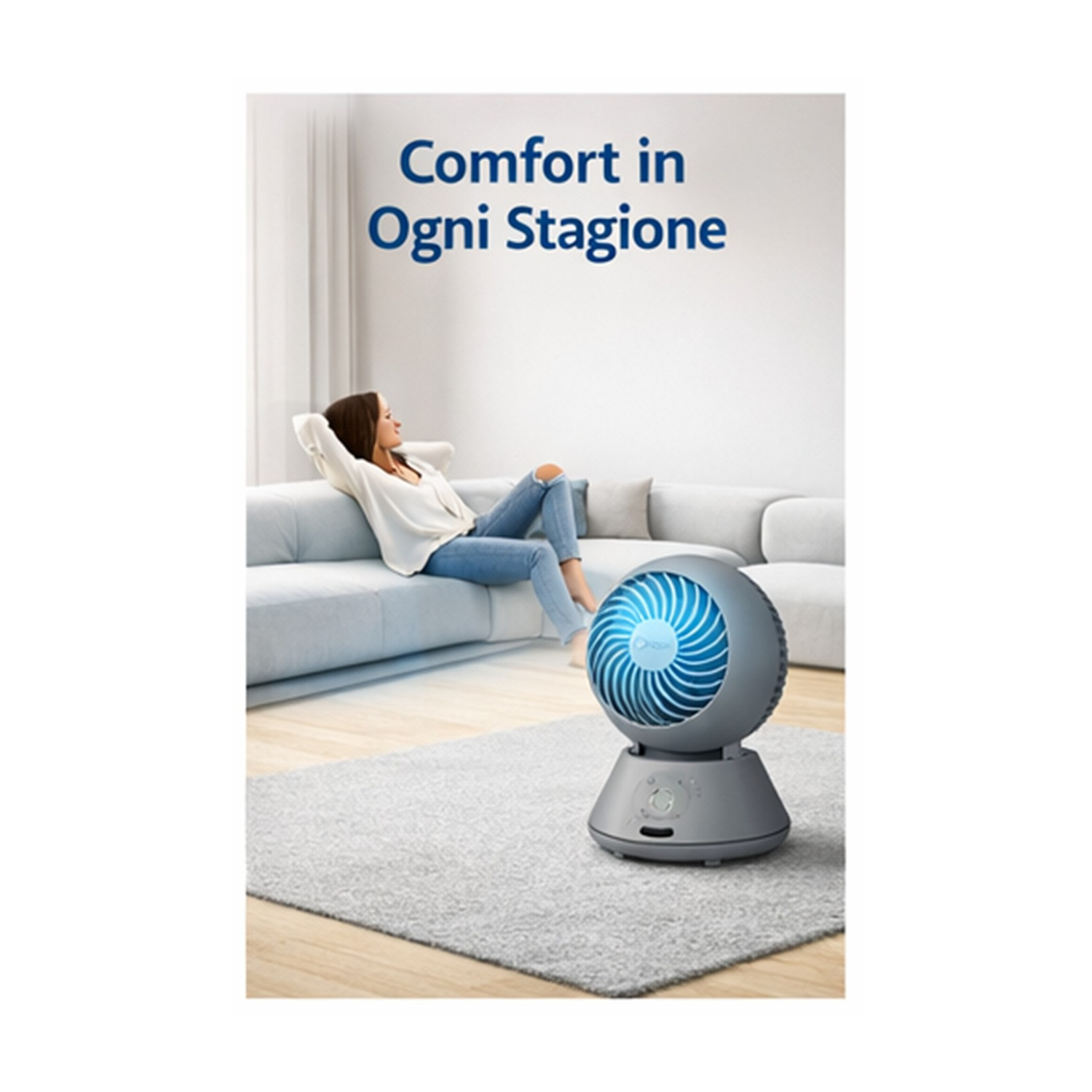 Un ventilatore grigio con luci blu su un tappeto davanti a un divano dove una donna si rilassa.