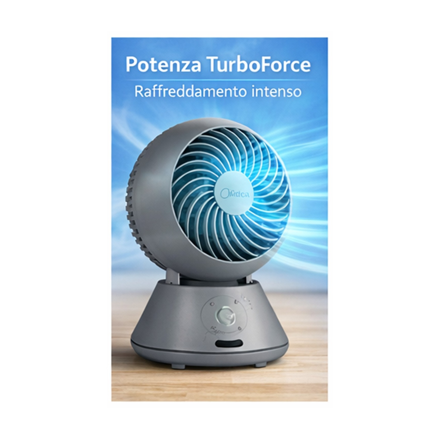Un ventilatore da tavolo grigio con flussi d'aria blu su un tavolo di legno.