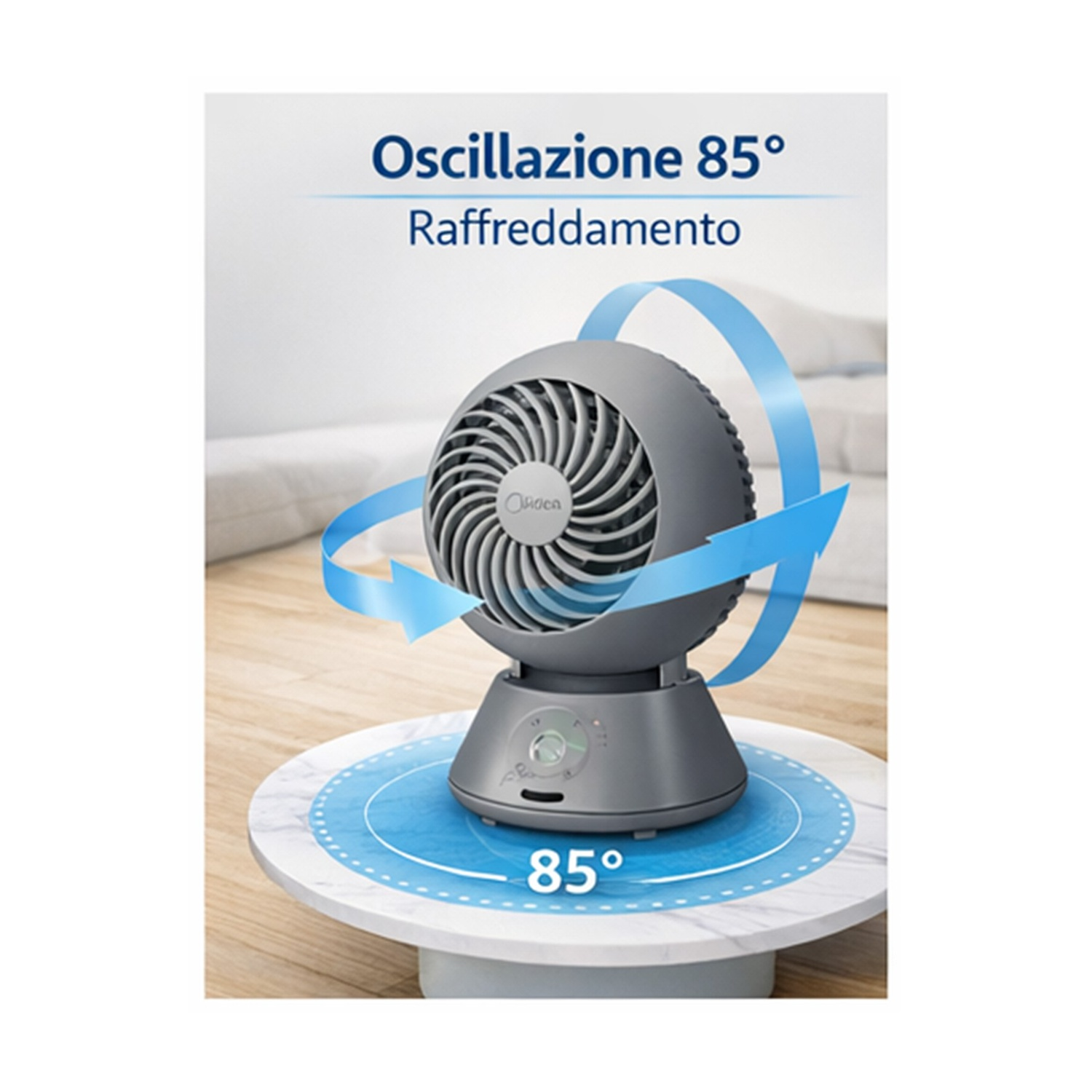 Ventilatore grigio oscillante su base di marmo con indicatore 85 gradi.