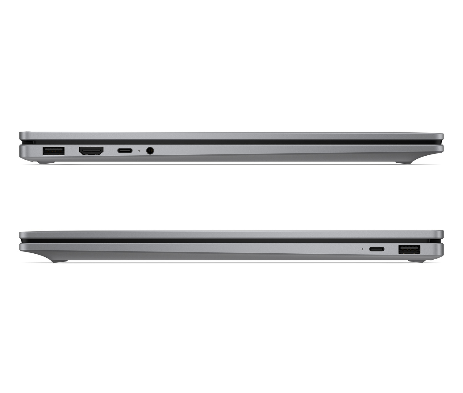 Portátil gris, puertos: USB-A, HDMI, USB-C, conector audio.