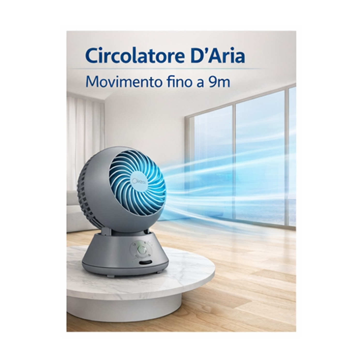 Un circolatore d'aria grigio su base in marmo, che emette vento blu.