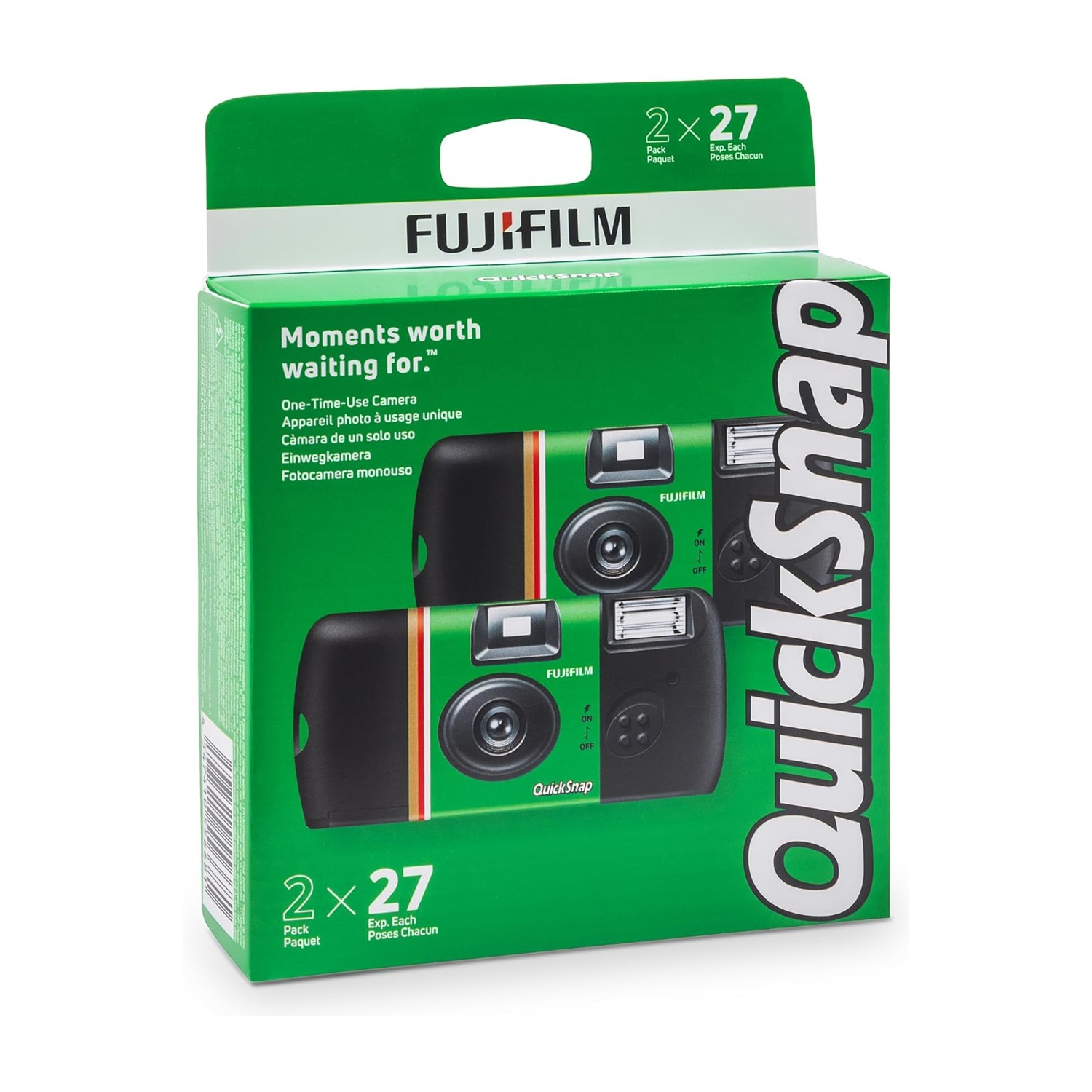 Una scatola verde che imballa due fotocamere usa e getta Fujifilm QuickSnap.