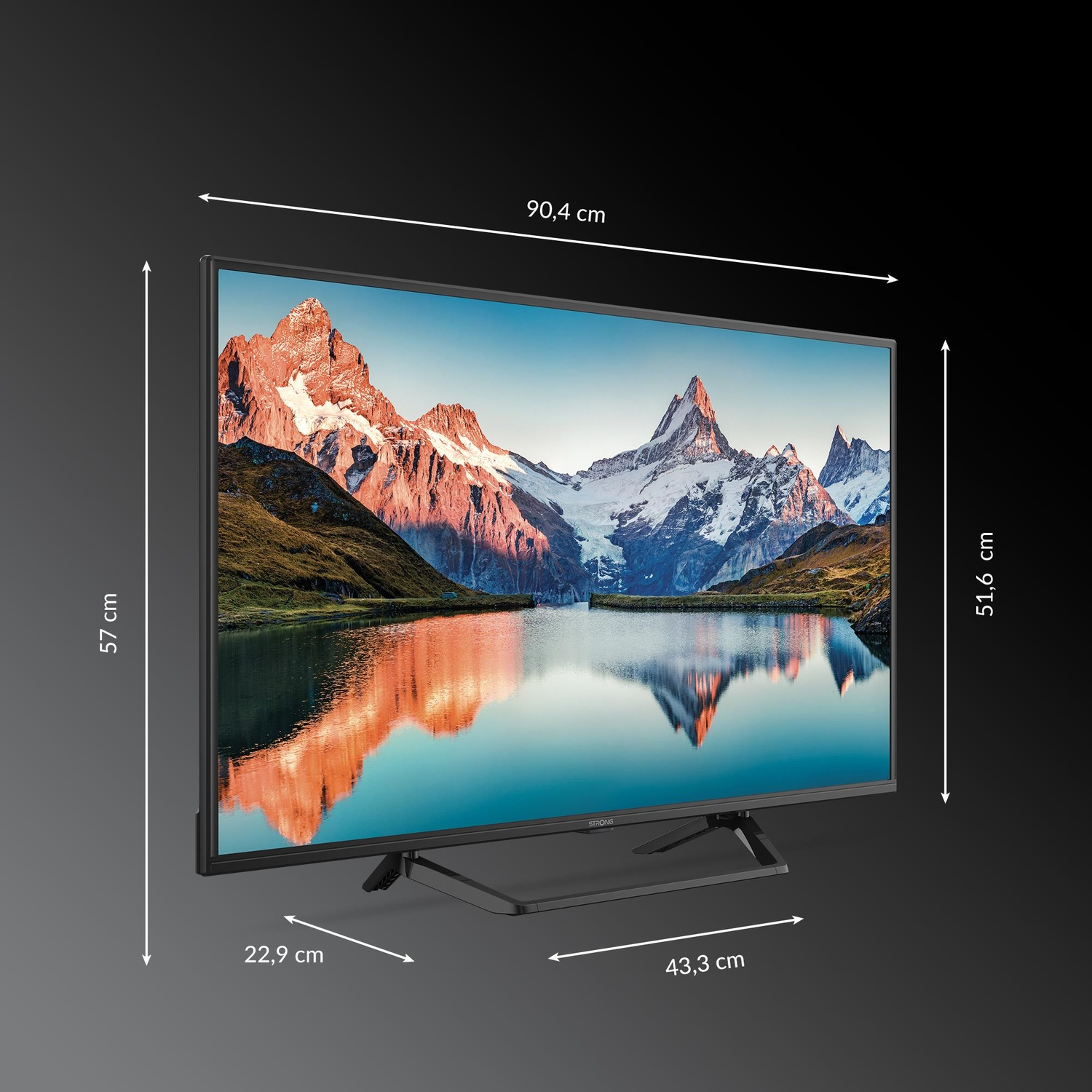 Una TV moderna mostra un paesaggio montano con un lago. Le dimensioni sono indicate.