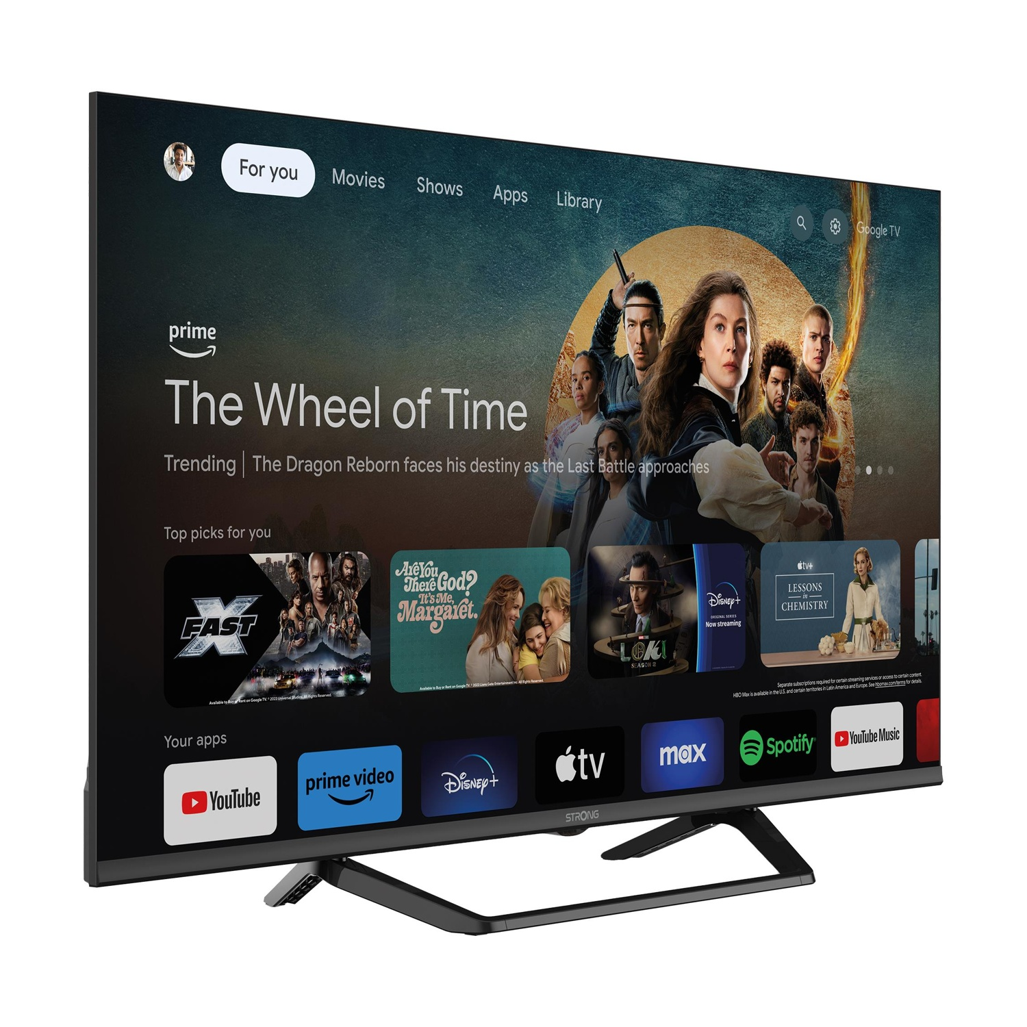 Una TV mostra l'interfaccia di Google TV con contenuti come 'The Wheel of Time'.