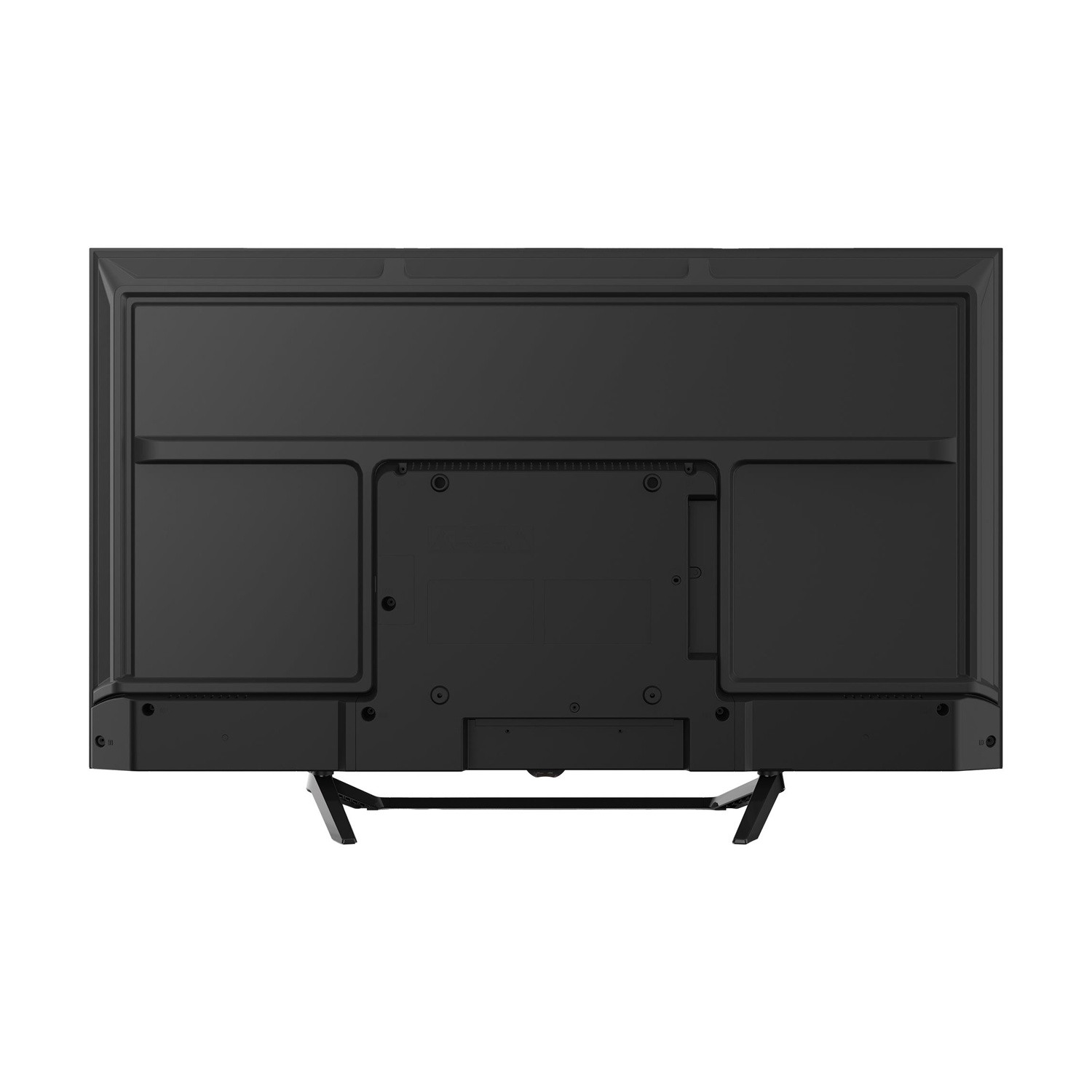 Retro di una TV nera con due supporti, sfondo bianco.