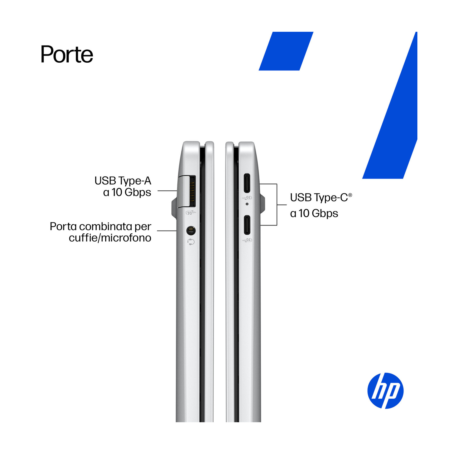 Porte del laptop: USB-A, USB-C e jack combinato cuffie/microfono.