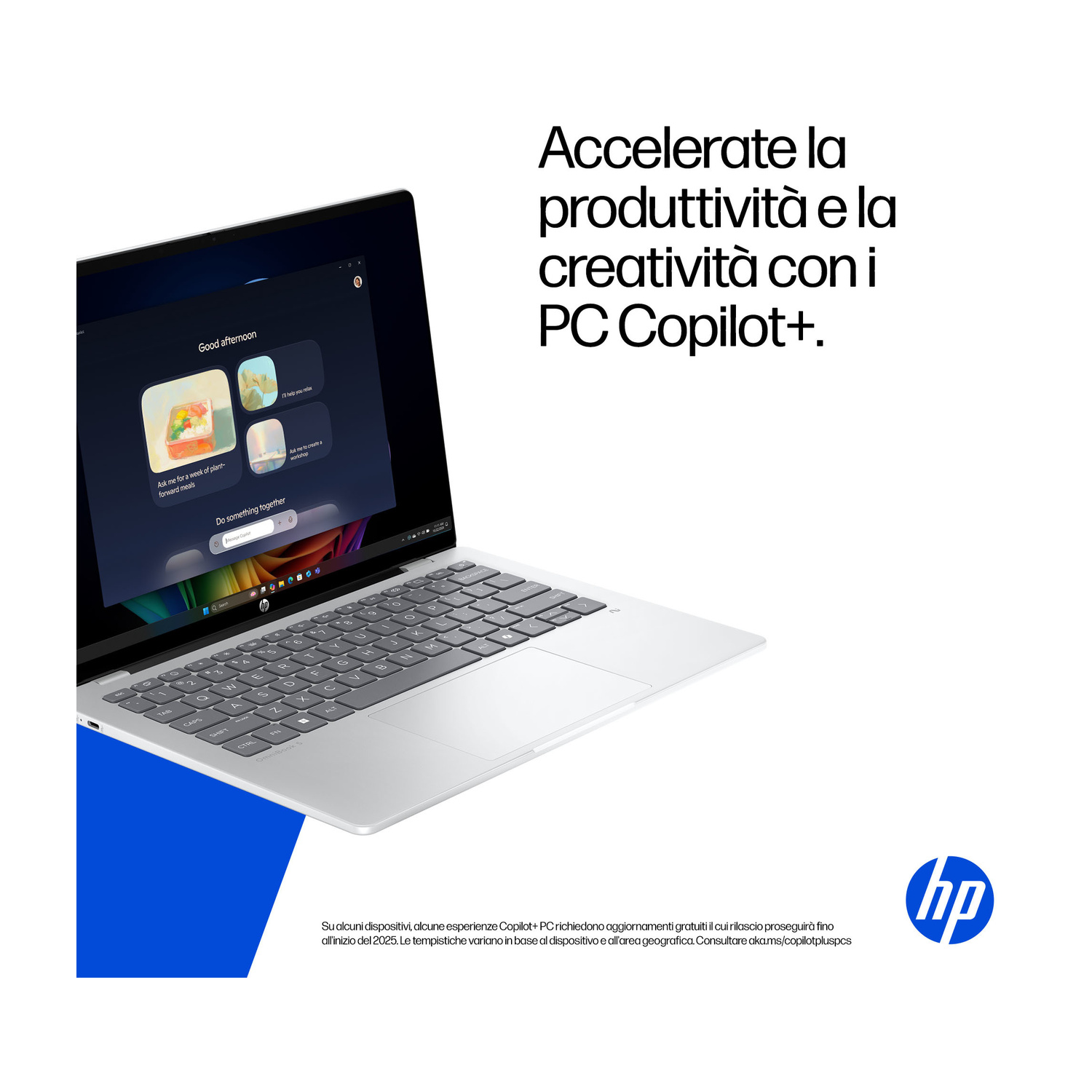 Un laptop HP grigio mostra lo schermo con Copilot+. Testo sulla produttività.