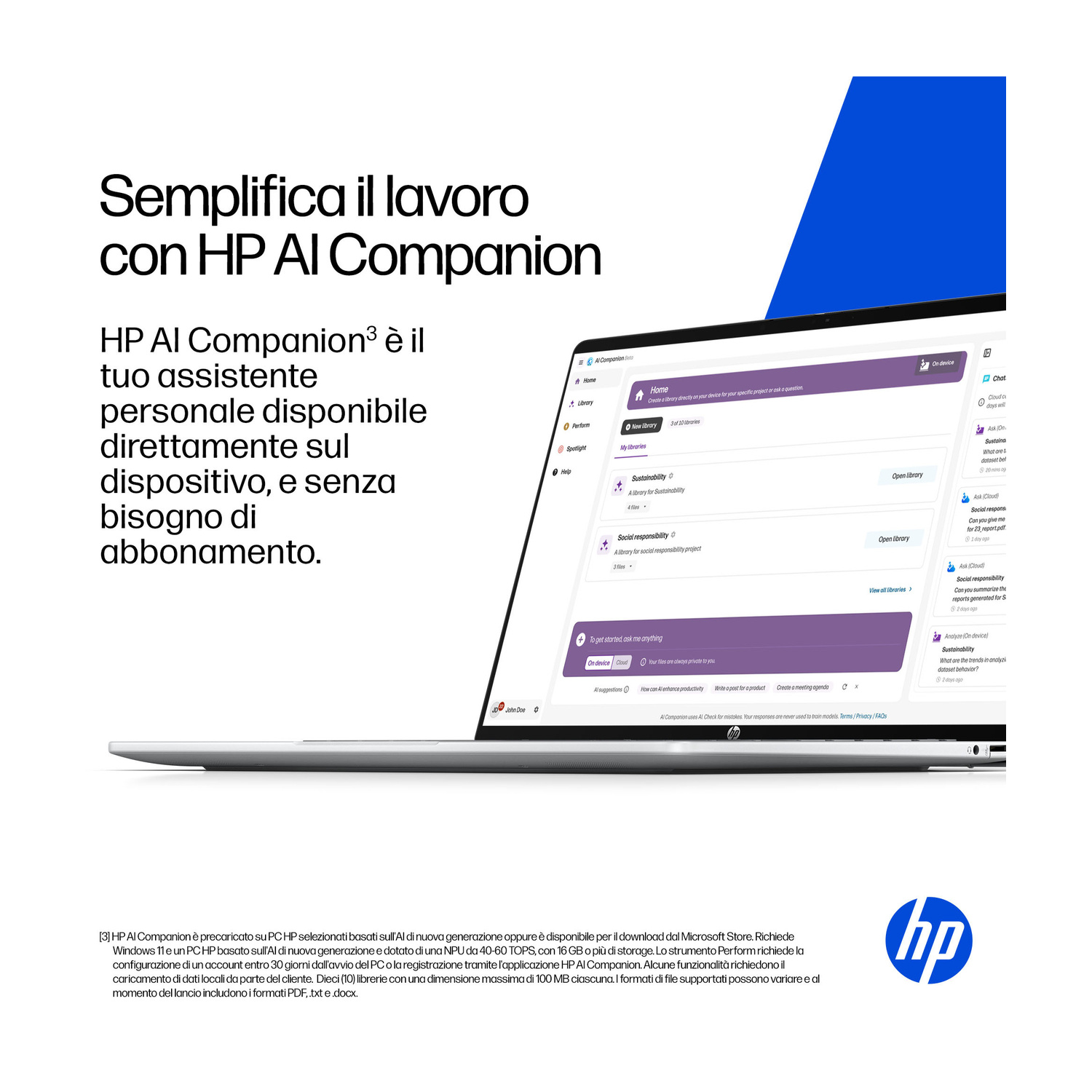 Un laptop mostra l'interfaccia HP AI Companion con testo in italiano.