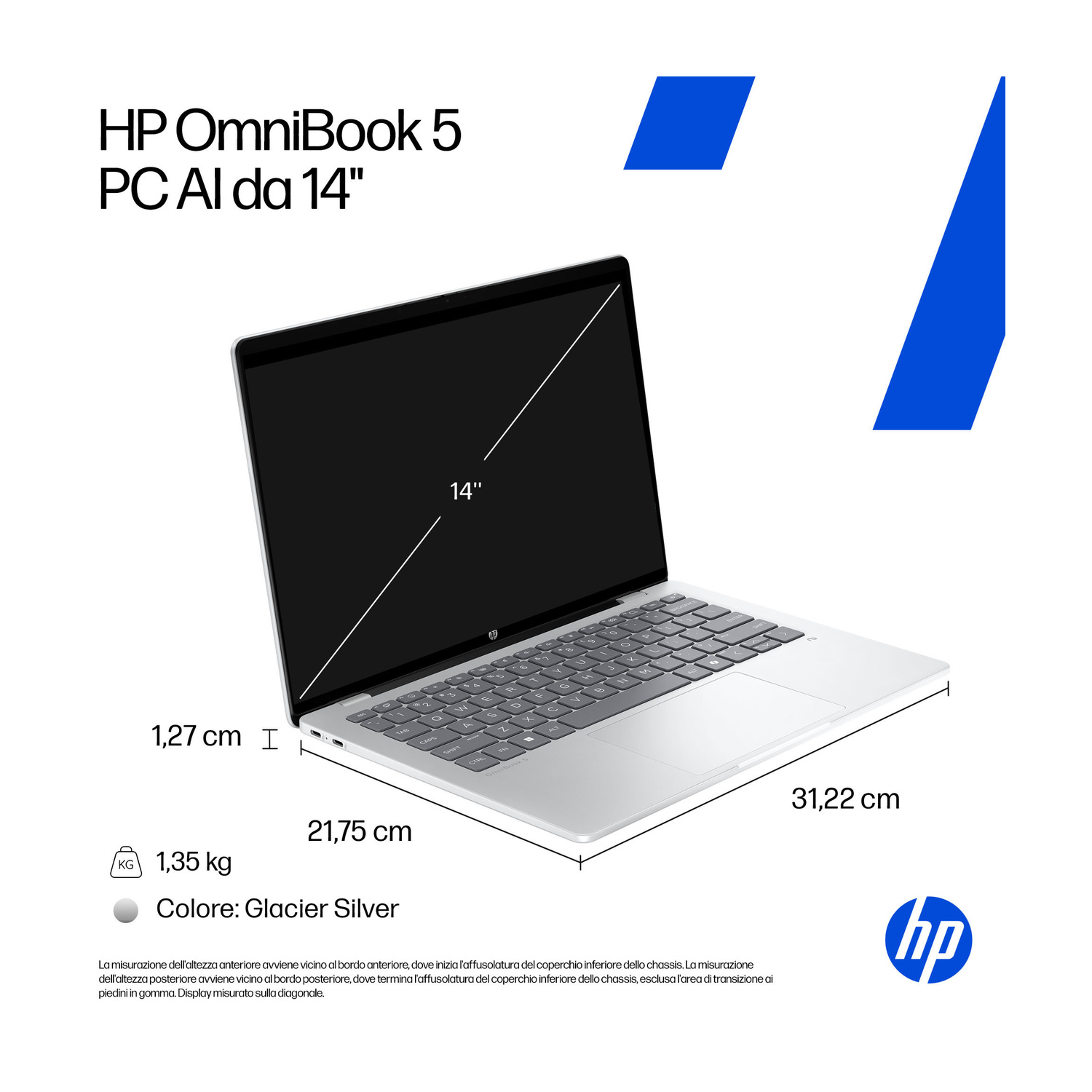 Un laptop HP OmniBook 5 argentato con schermo da 14 pollici, peso 1,35 kg.