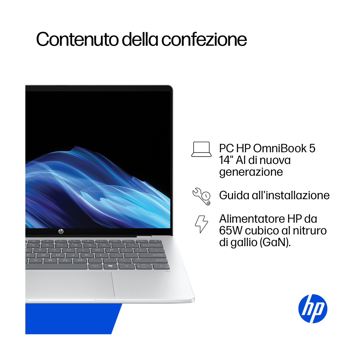 Un laptop HP OmniBook 5 argentato mostra tastiera e schermo.