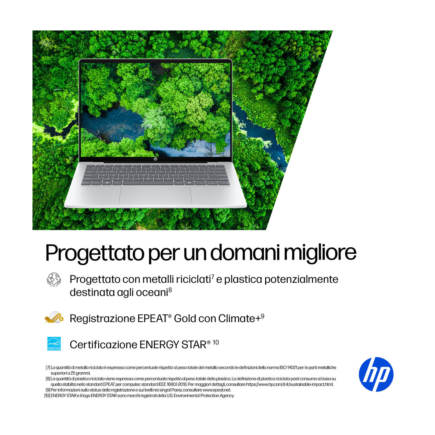 Laptop con immagine di foresta e fiume sullo schermo. Logo HP.