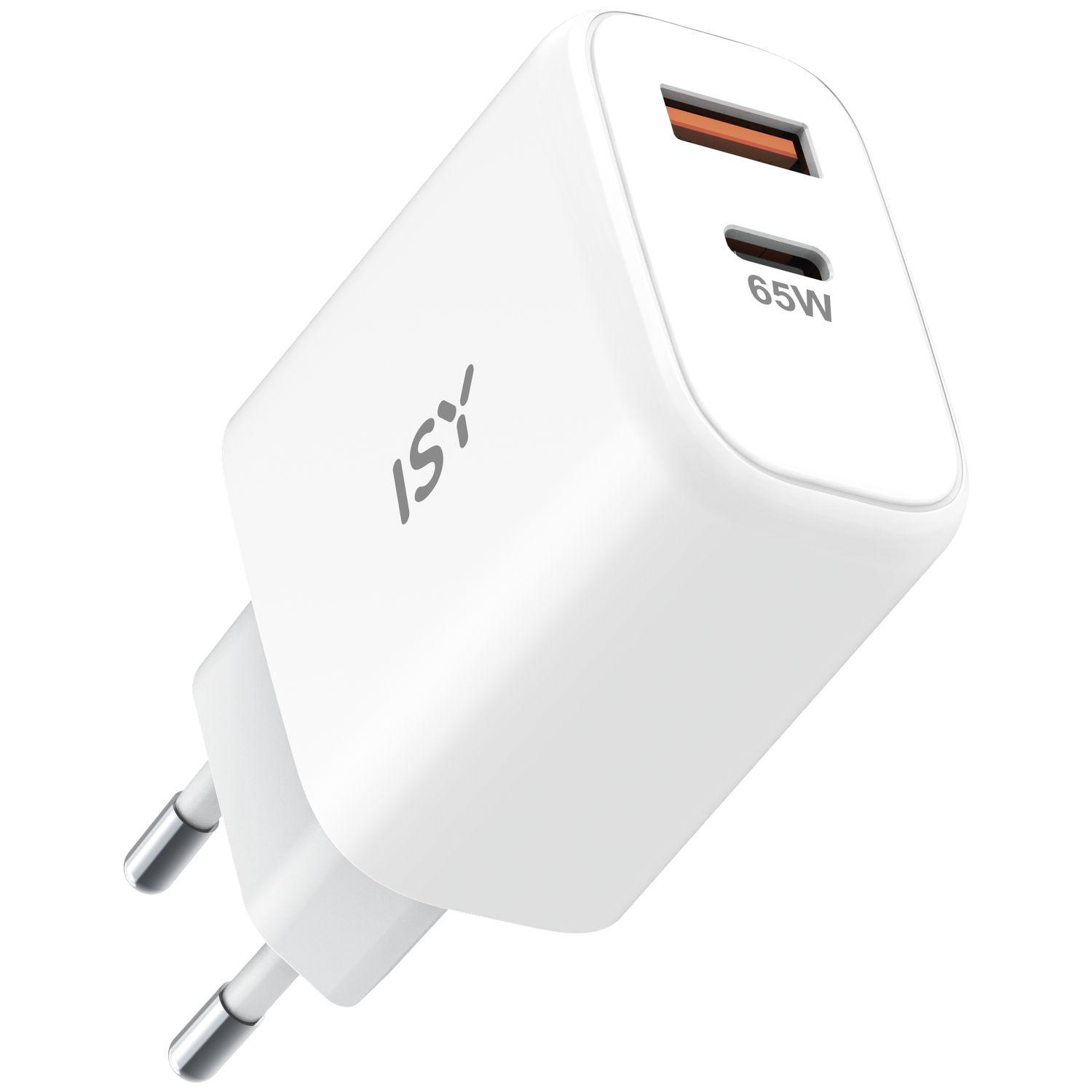 White ISY 65W charger with two USB ports and European plug