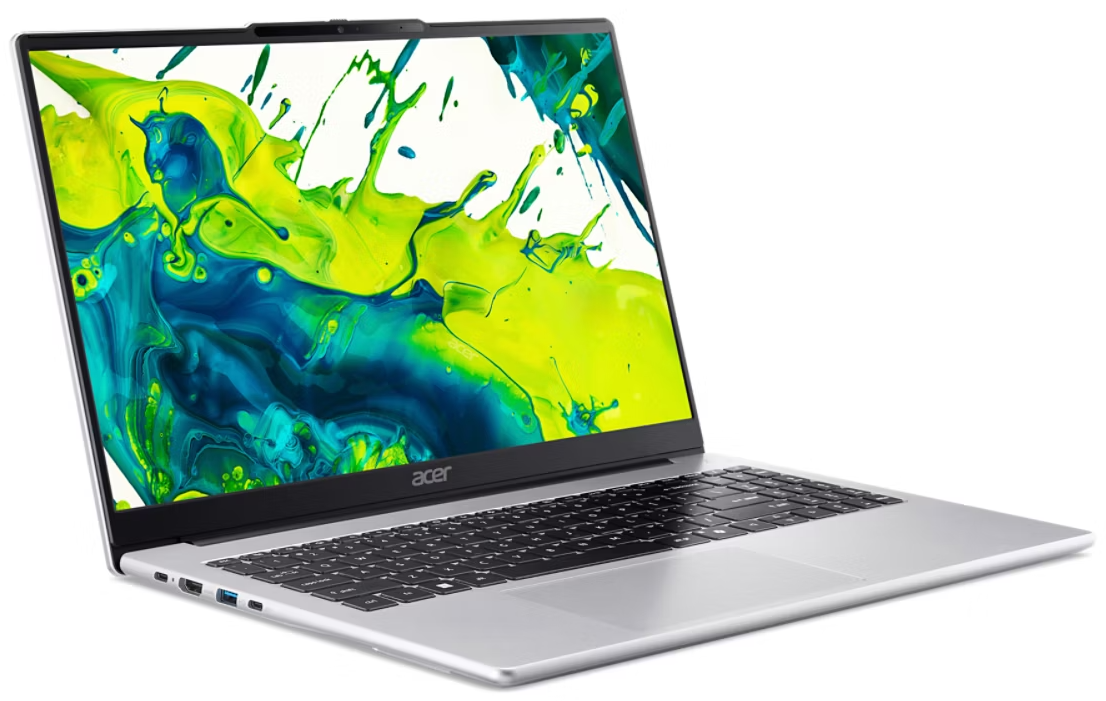Egy nyitott ezüst laptop színes absztrakt festékfröccsenés háttérképpel.