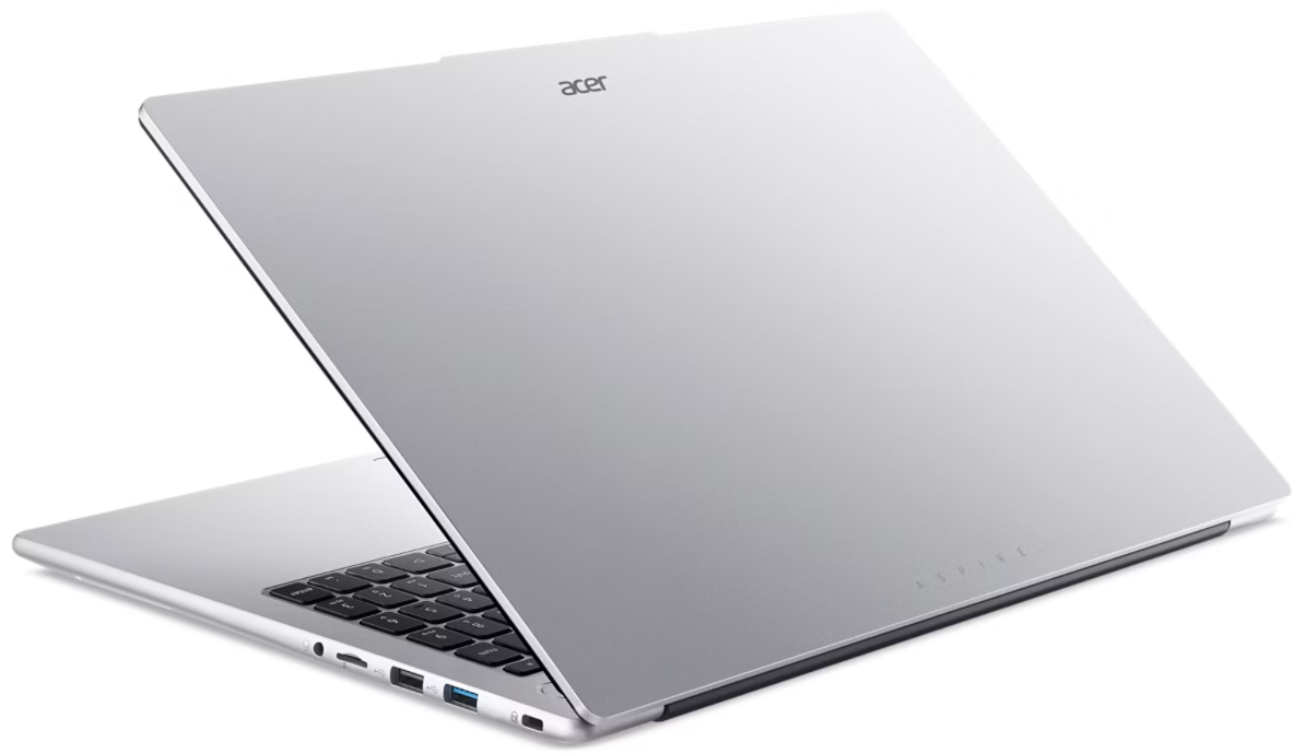 Egy ezüst Acer laptop billentyűzettel és portokkal nyitva van.