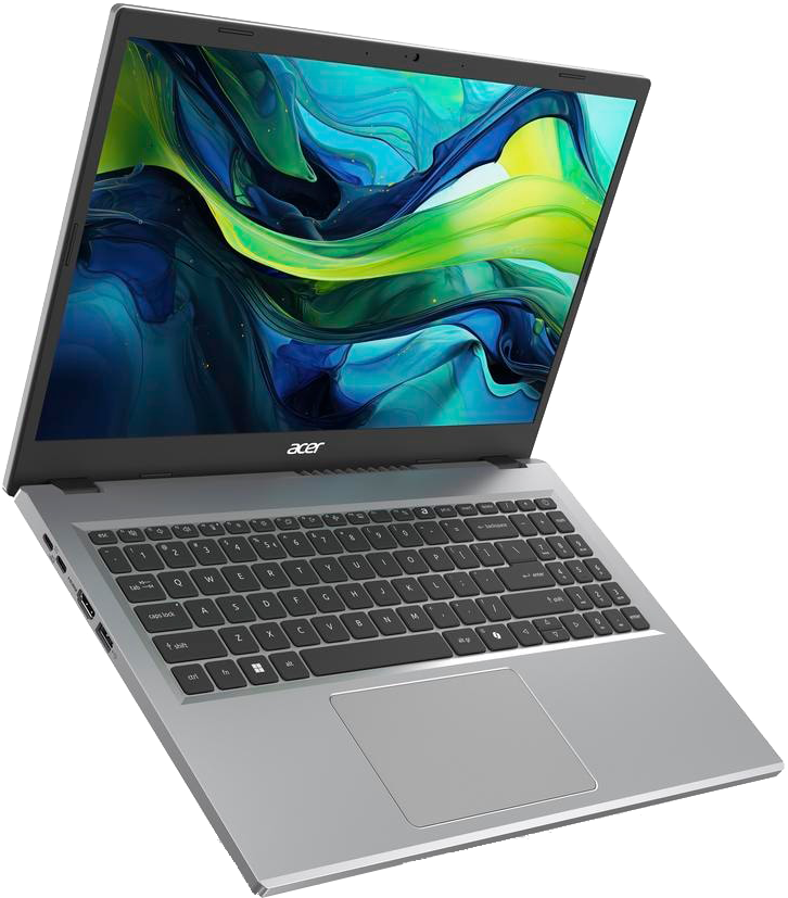 Ezüst Acer laptop színes absztrakt háttérképpel a képernyőn.
