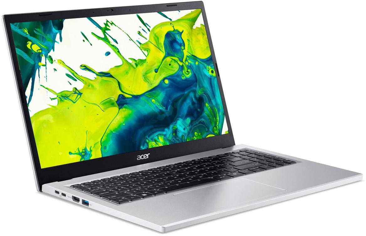 Ezüst Acer laptop színes, fröccsentett képernyővel.
