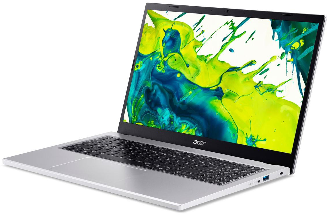 Ezüst Acer laptop billentyűzettel és képernyővel, amely absztrakt zöld és kék színeket jelenít meg.