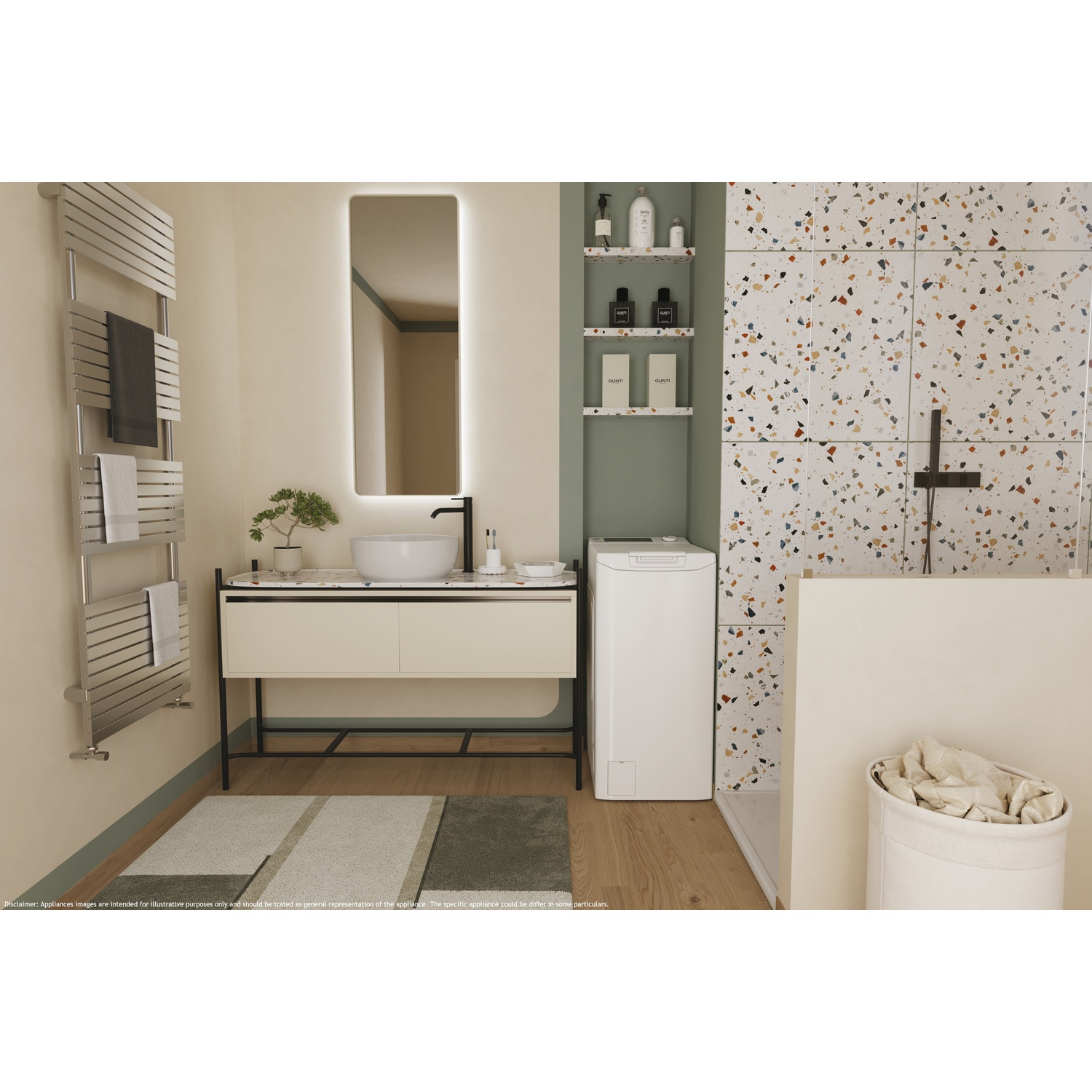 Bagno moderno con lavatrice, specchio, lavandino e portasciugamani.
