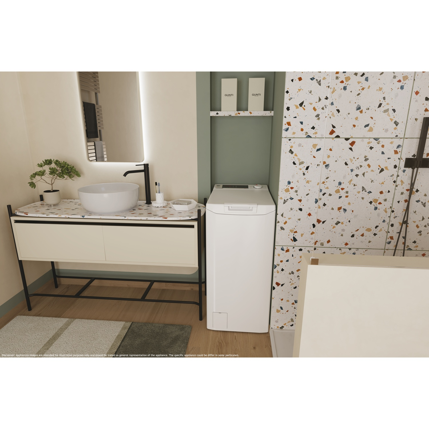 Un bagno con lavandino, lavatrice e piastrelle in terrazzo.