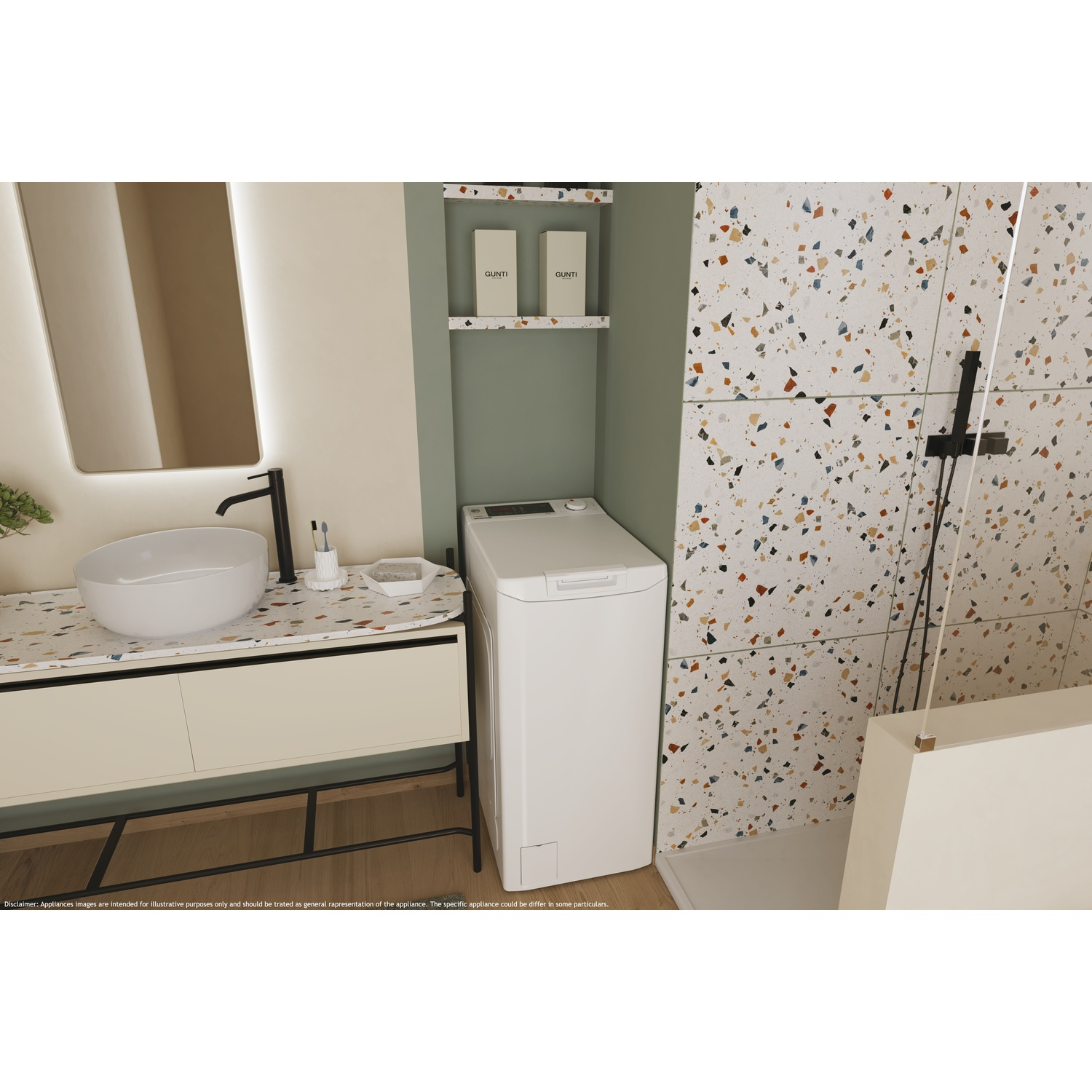 Un bagno con lavatrice, lavandino e specchio.