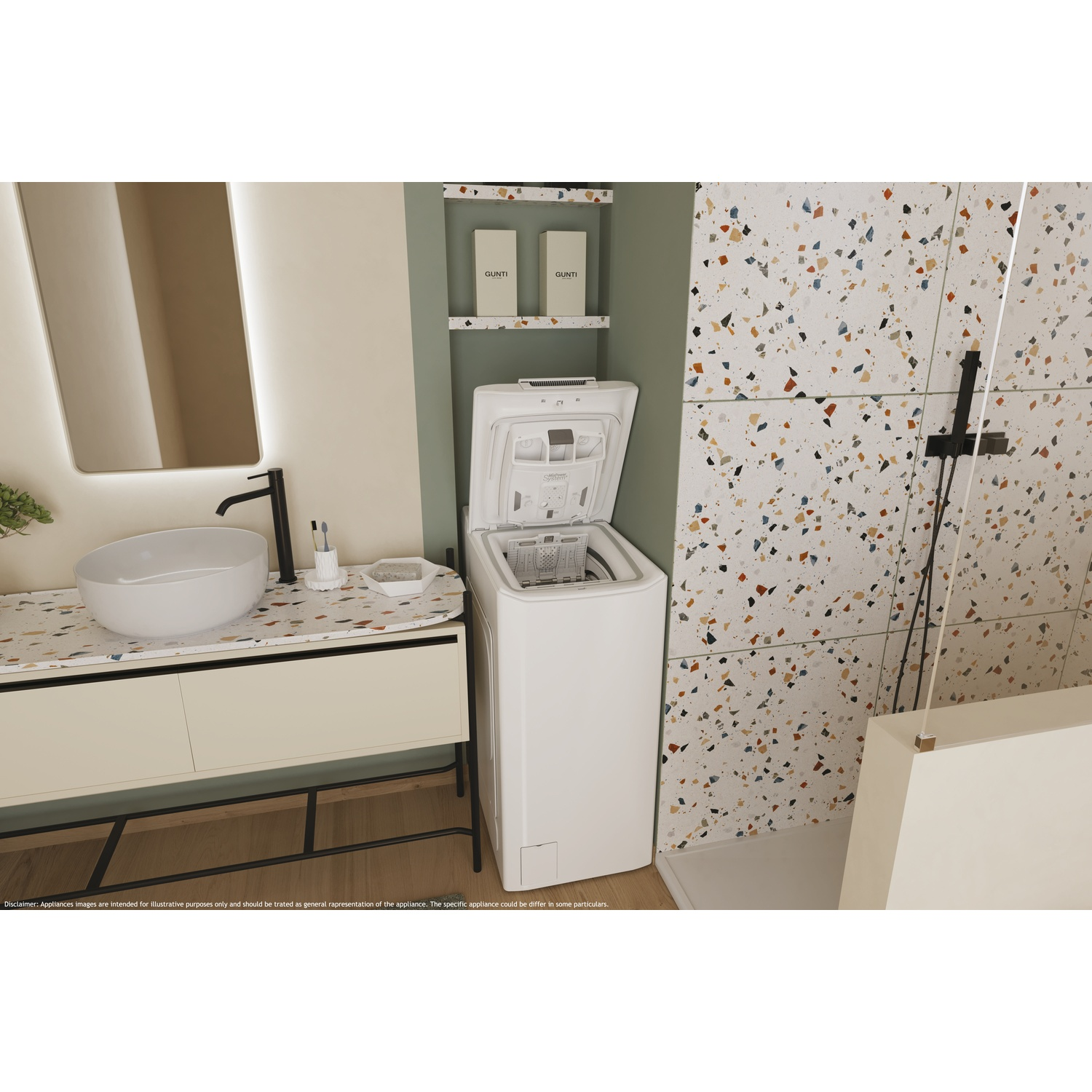 Un bagno con lavatrice, lavandino e specchio. Piastrelle colorate sul muro.
