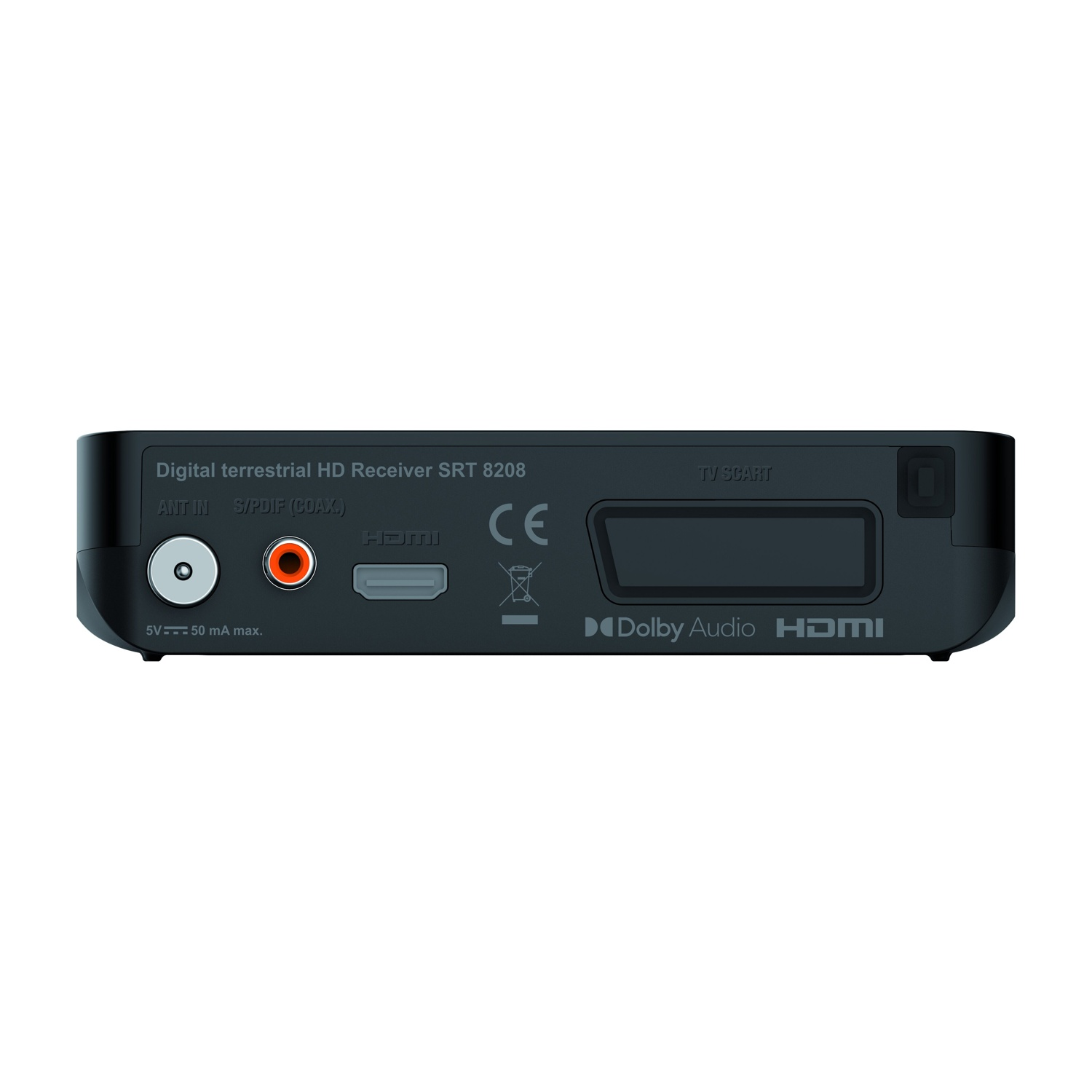 Retro di un ricevitore digitale con ANT IN, S/PDIF, HDMI, TV SCART, logo CE.