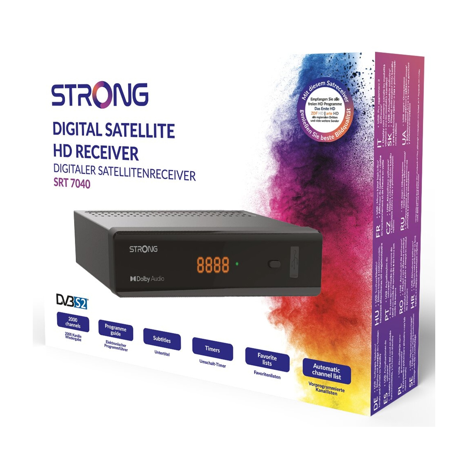 Confezione di un ricevitore HD satellitare digitale STRONG, modello SRT 7040.