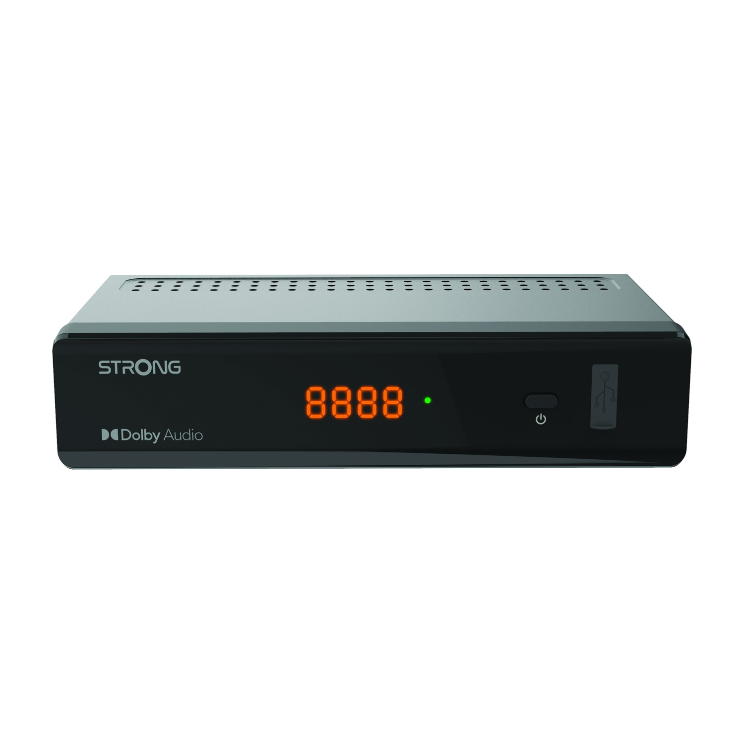 Ricevitore nero con parte superiore argentata, display digitale arancione e porta USB.