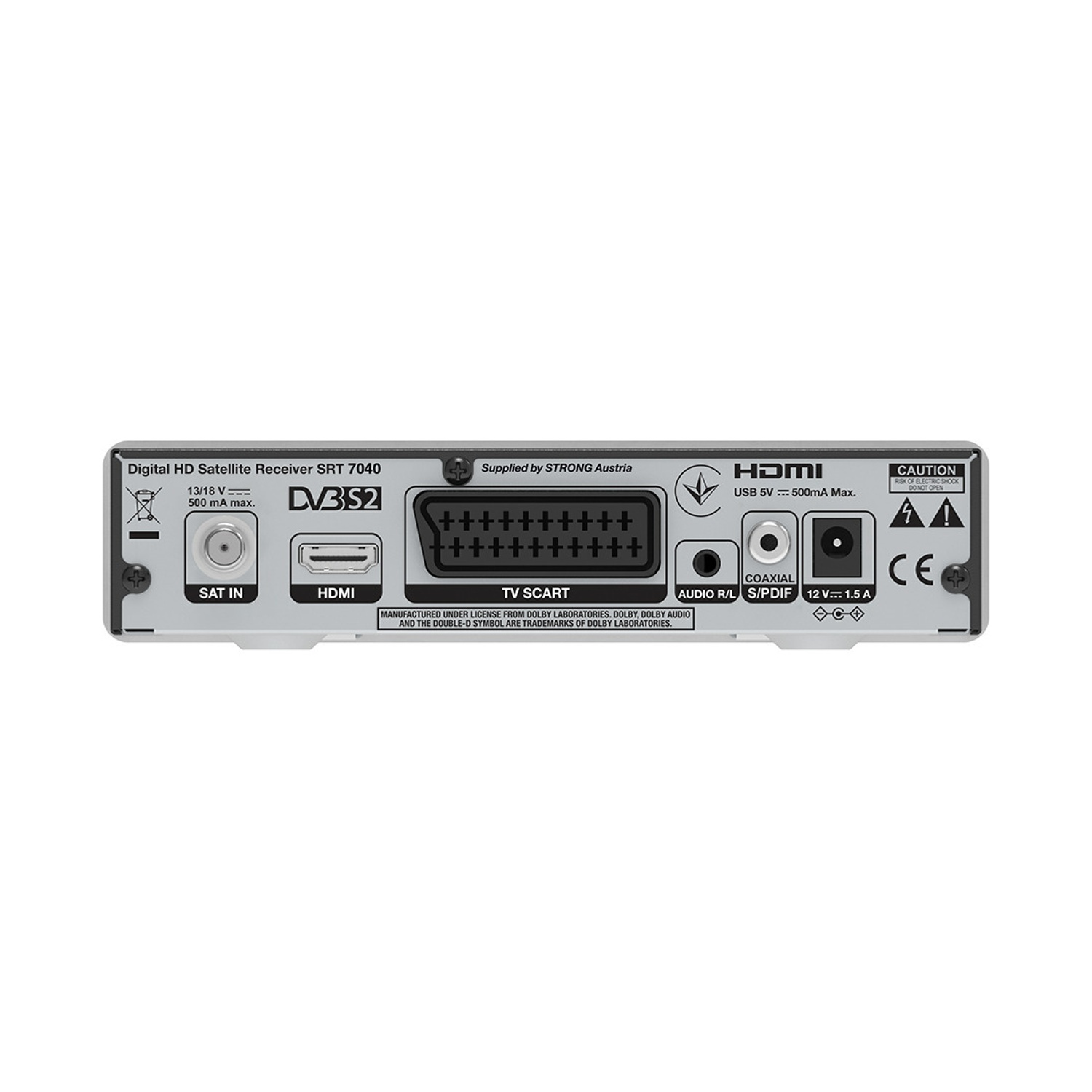 Retro di un ricevitore satellitare con porte come SAT IN, HDMI, TV SCART e USB.