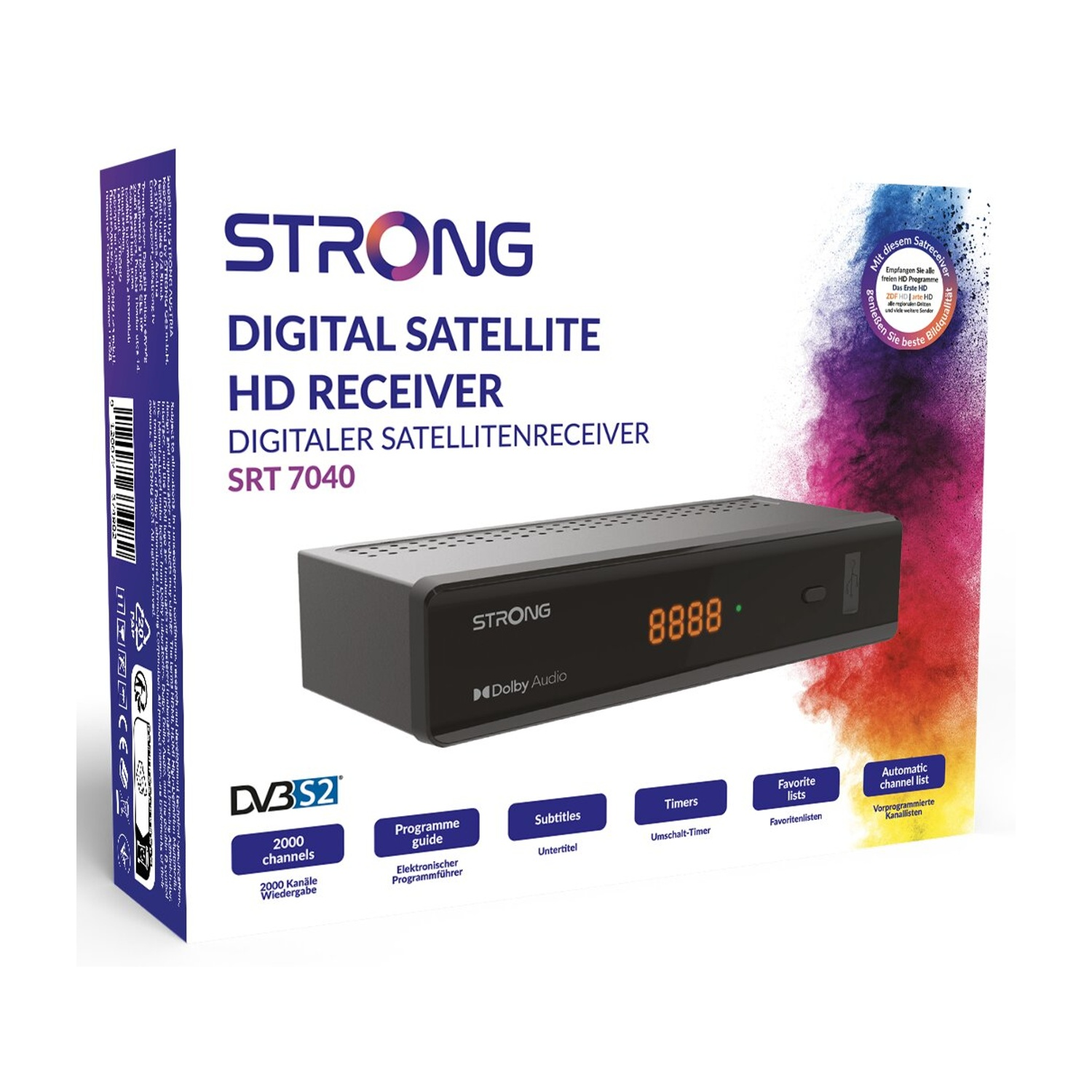 Confezione di un ricevitore satellitare HD digitale STRONG SRT 7040 con simboli.