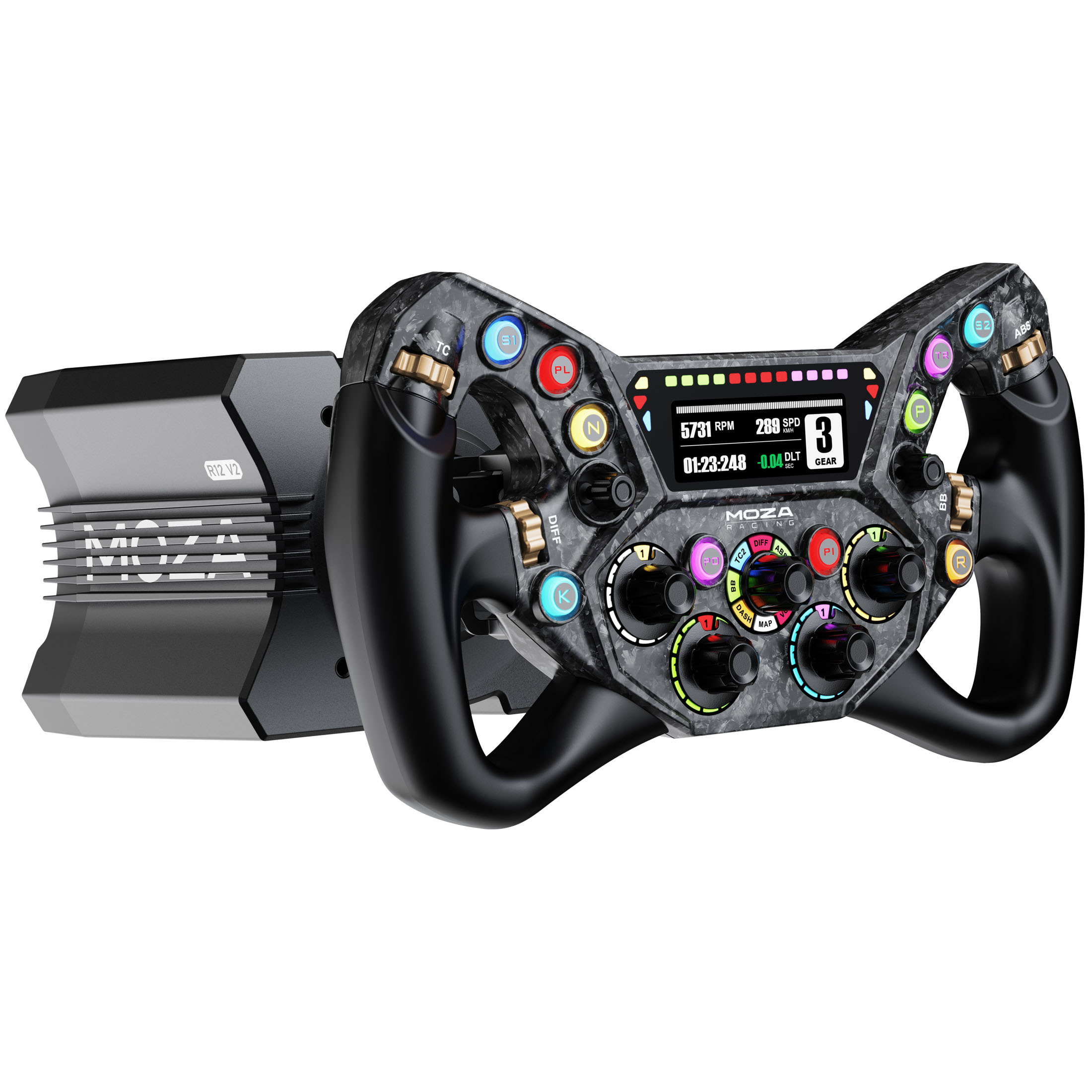 Schwarzes Moza R12 V2 Rennlenkrad mit Digitalanzeige und vielen Tasten.