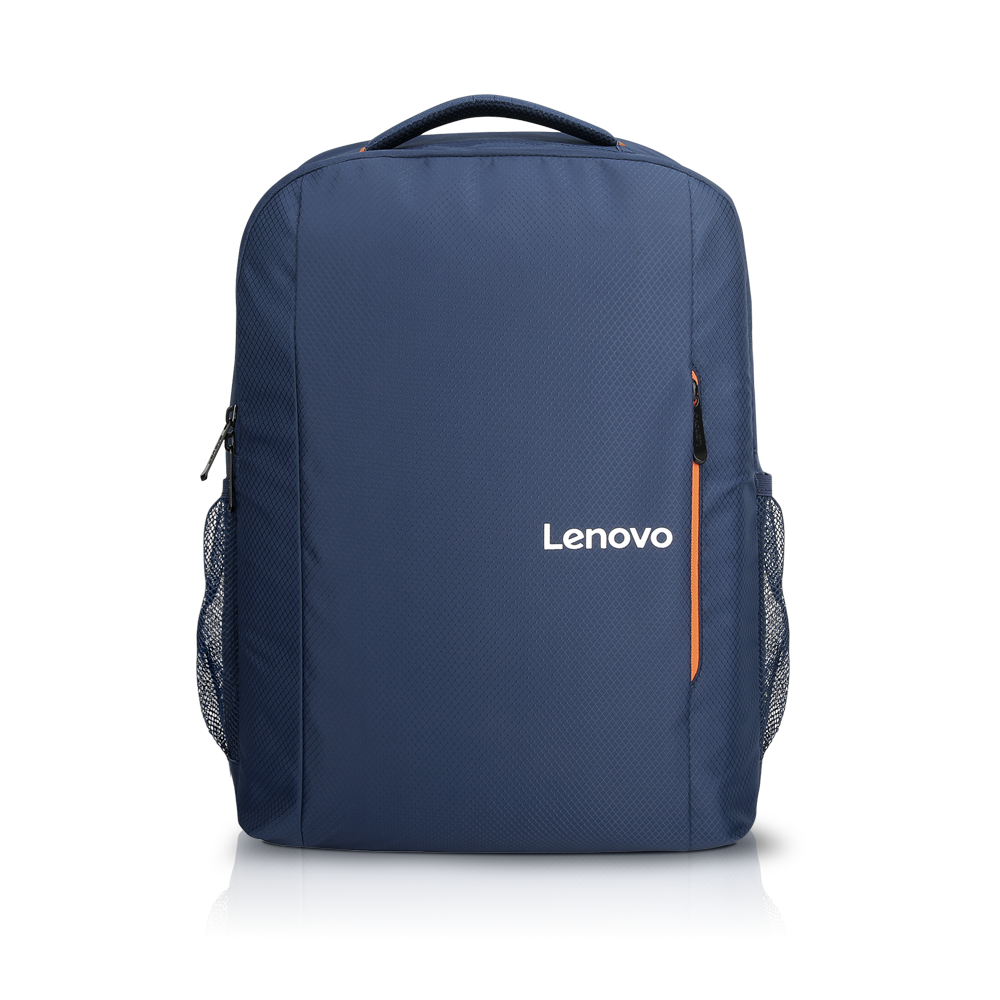 Mochila Lenovo azul marino con detalles naranjas y bolsillos laterales de malla.