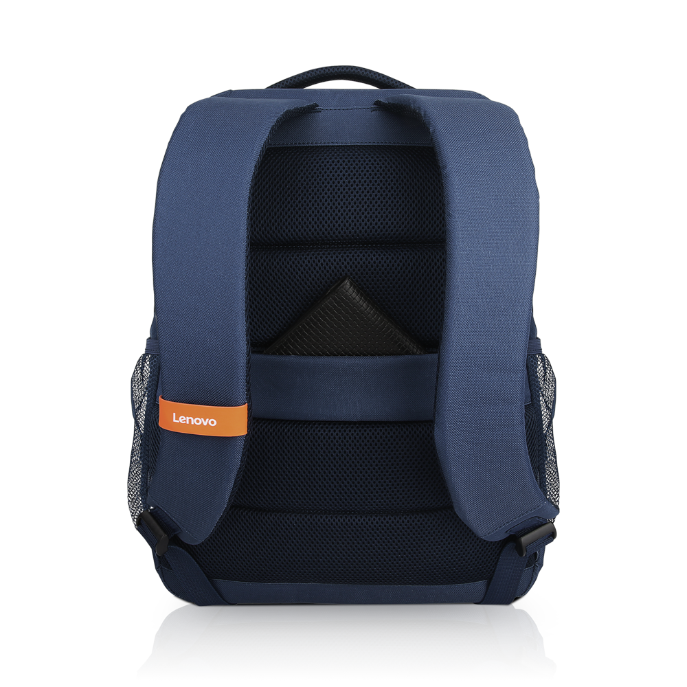 Vista trasera de mochila azul con logo naranja Lenovo y malla negra.