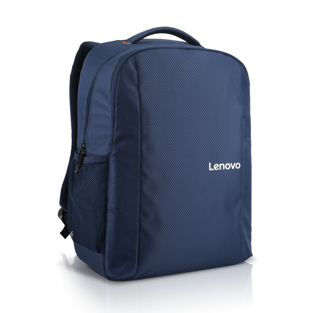Una mochila Lenovo azul marino con un compartimento y bolsillos laterales.