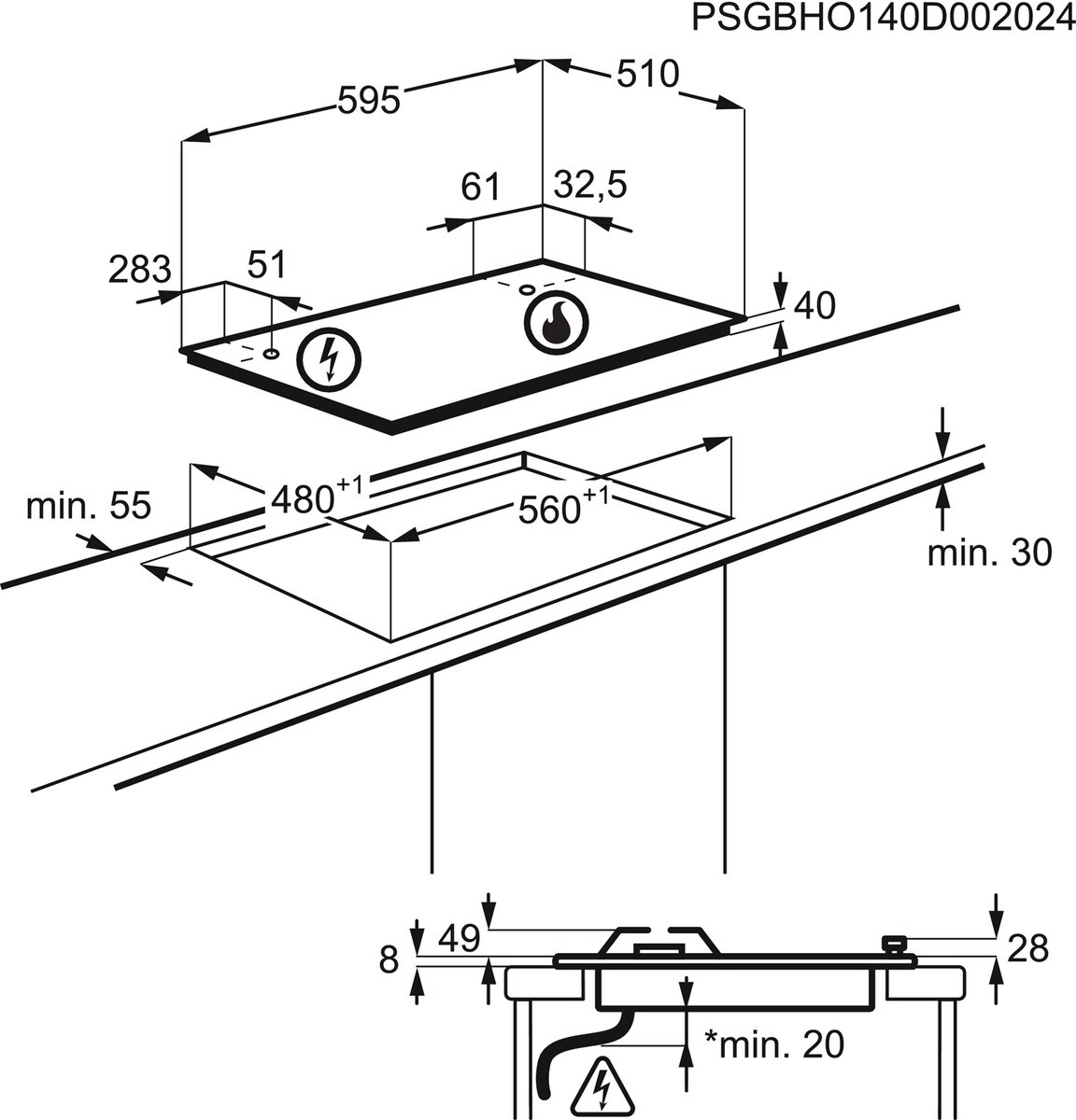 Dibujo técnico de una placa de cocina con dimensiones.