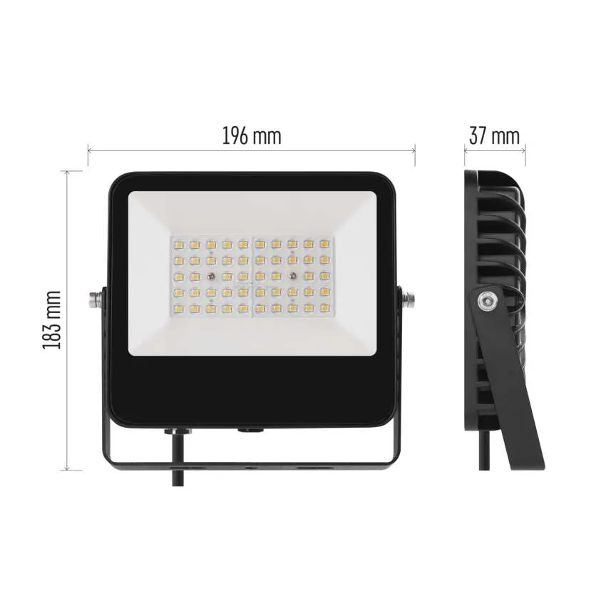 Egy fekete LED-es reflektor 196x183x37mm méretekkel, elölnézetben és oldalnézetben.
