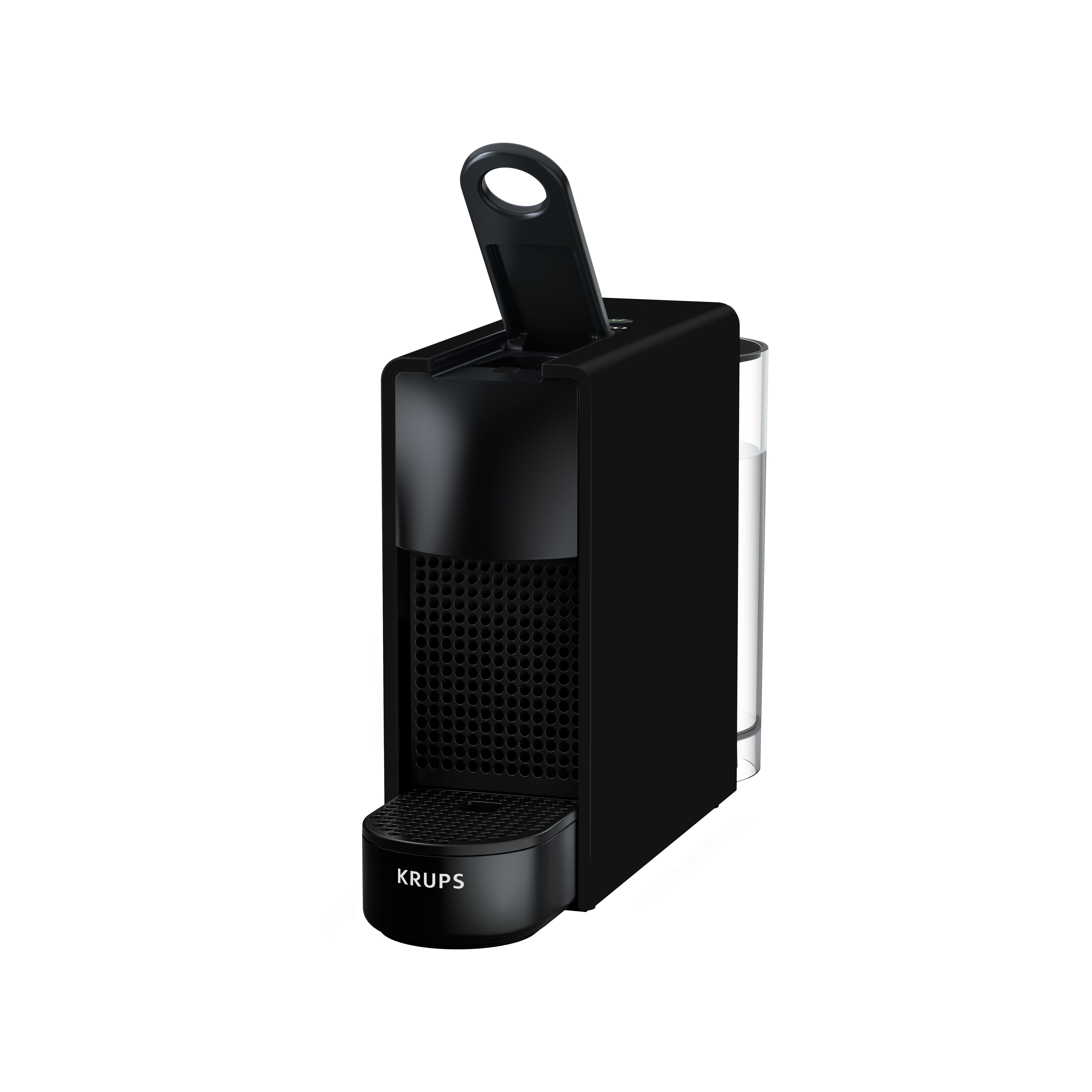 Schwarze Nespresso-Kaffeemaschine mit transparentem Wassertank.