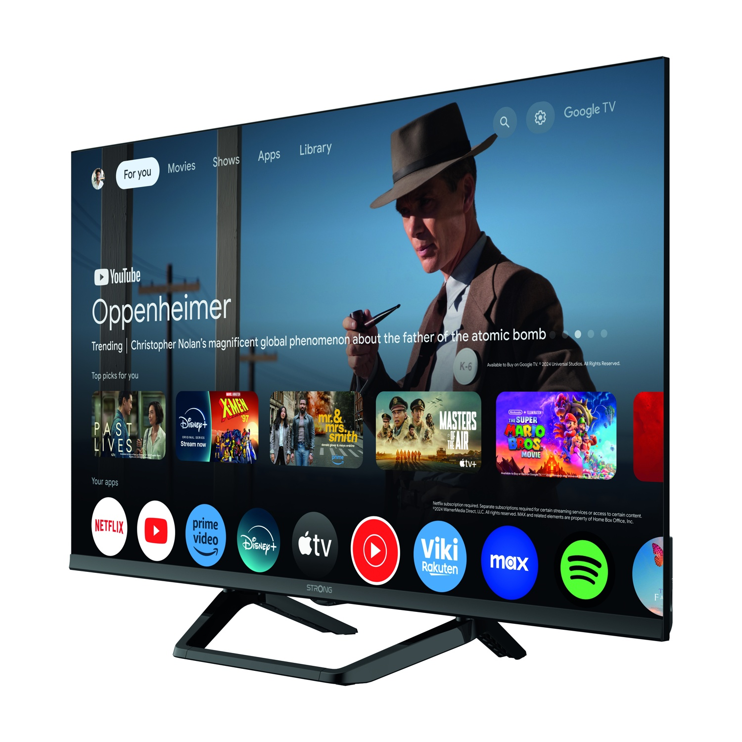 Una TV moderna con interfaccia Google TV che mostra 'Oppenheimer' e varie icone di app.