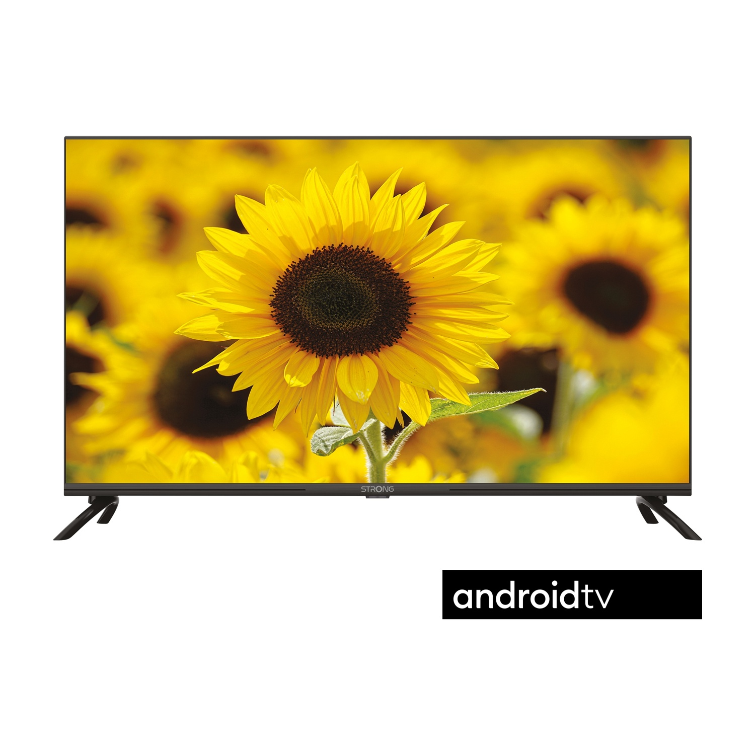 Un televisore nero mostra un campo di girasoli. Logo Android TV in basso.