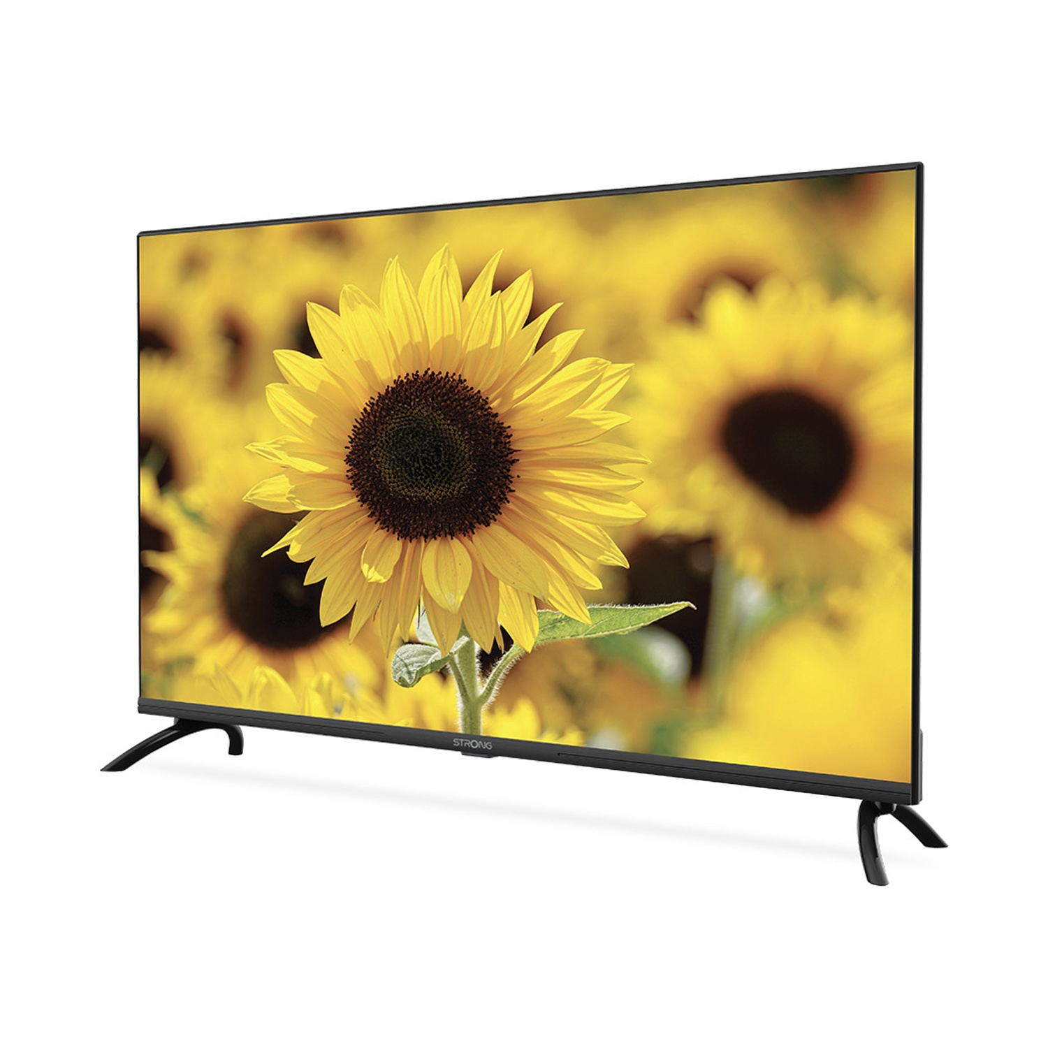 Un televisore moderno mostra un'immagine ravvicinata di girasoli con petali gialli.