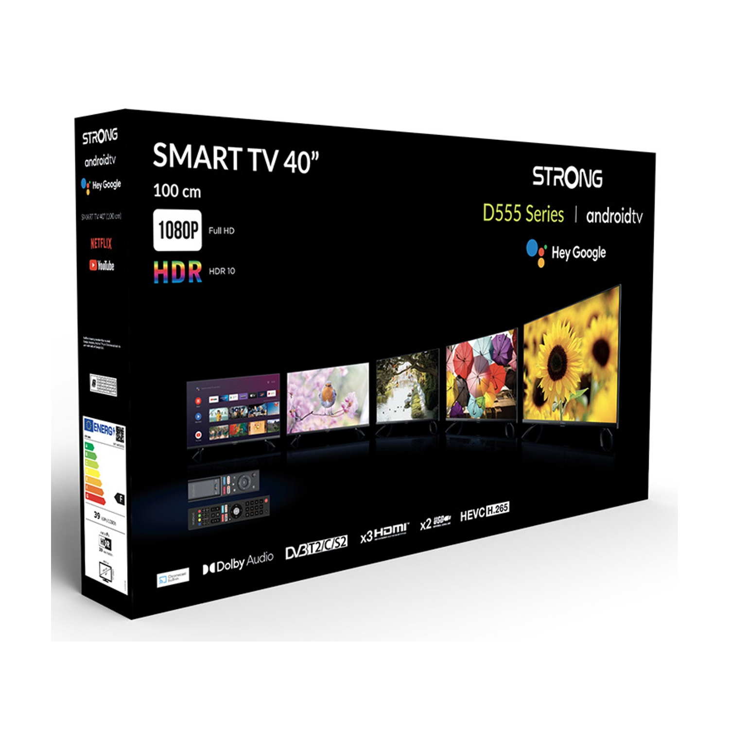 Confezione di uno smart TV da 40 pollici con Android TV e Hey Google.