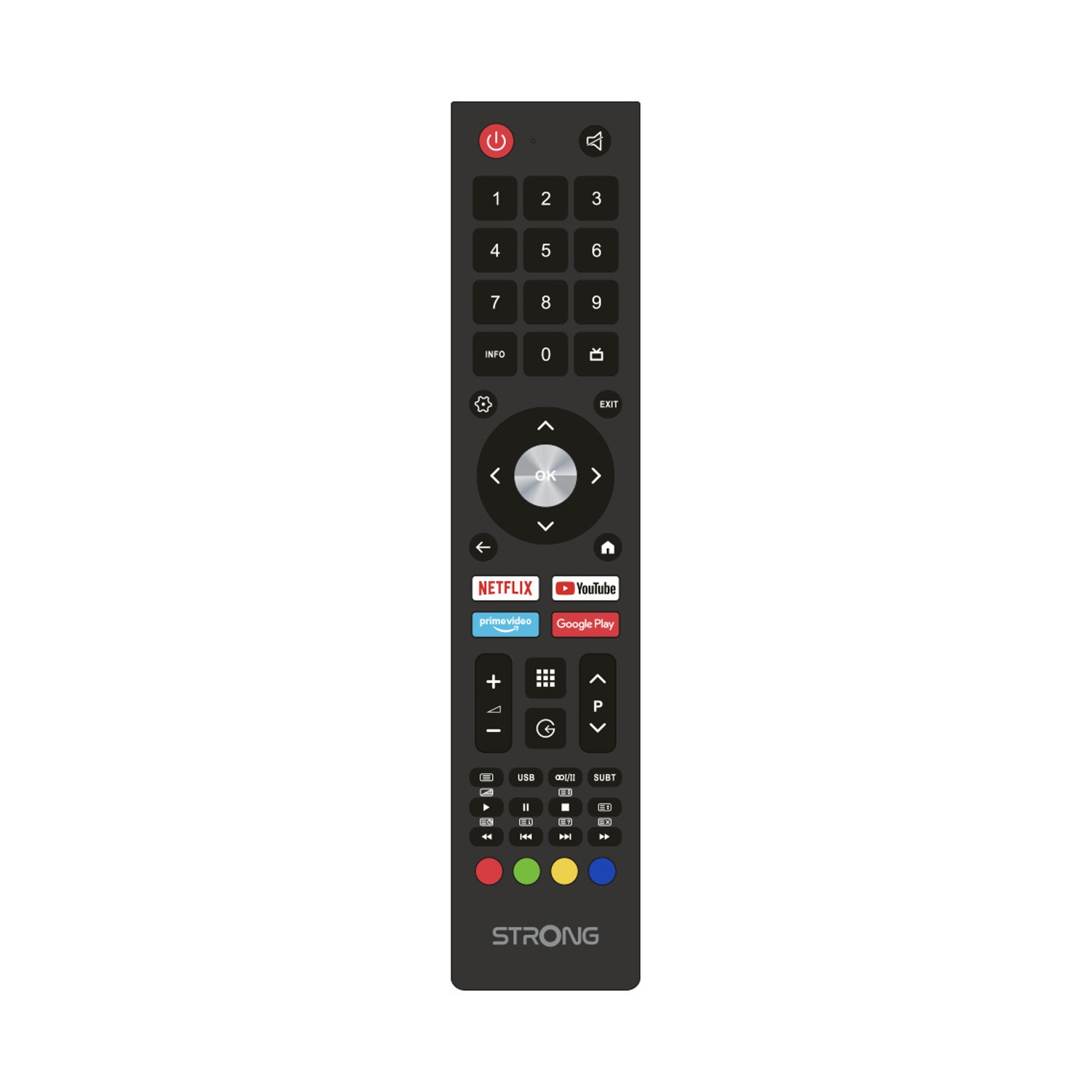 Un telecomando nero con pulsanti per Netflix, YouTube e Google Play.
