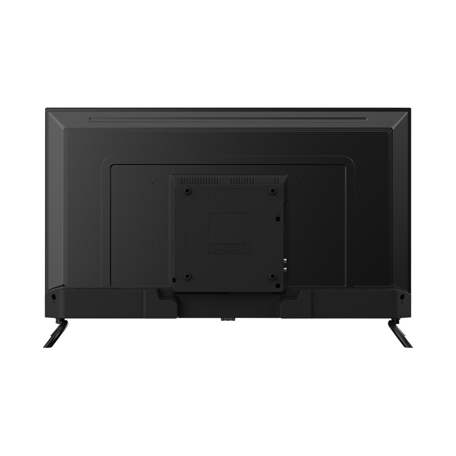 Retro di una TV nera con due piedini e porte visibili.