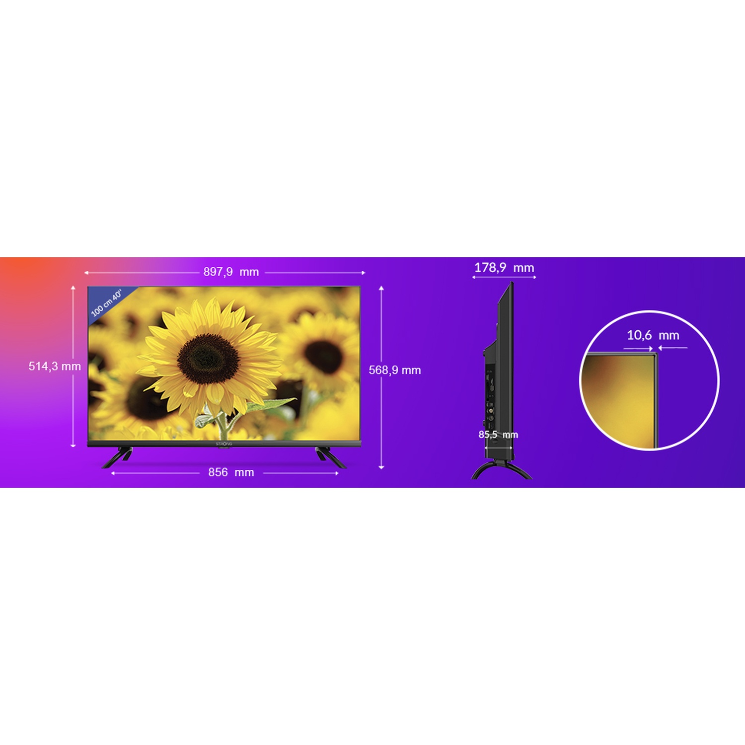 Una TV da 40 pollici con girasoli, con dimensioni indicate.