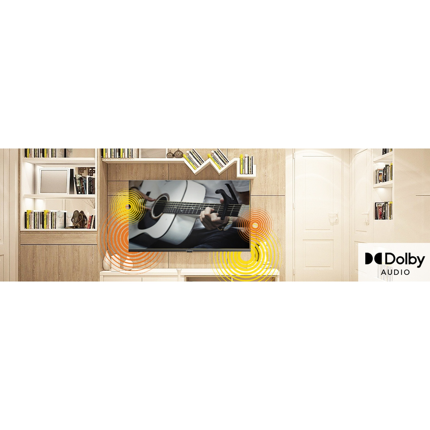 Uomo suona la chitarra sullo schermo TV con logo Dolby Audio.